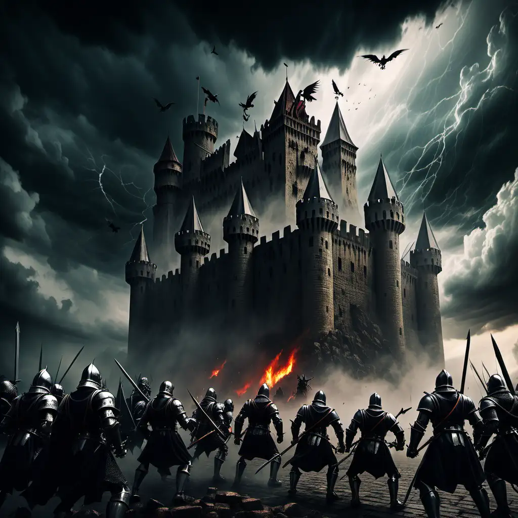 castillo medieval oscuro, con nubes tormentosas en el cielo, siendo asediado por monstruos y defendido por caballeros medievales humanos

