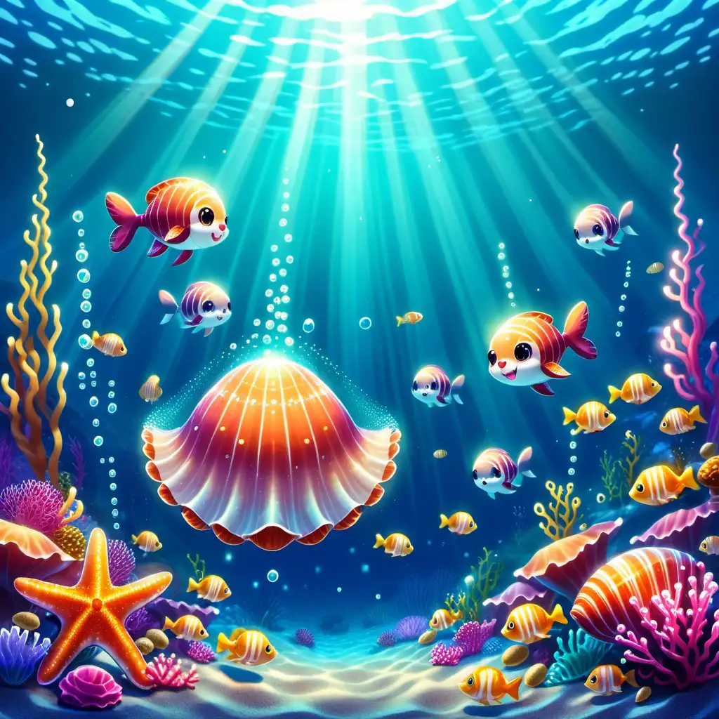 Curious Underwater Animals Observing Sparkling Shell on Seabed Kawaii Style Illustration