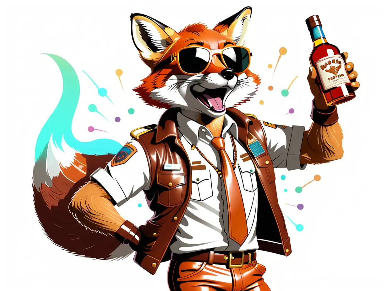 A fox pilot grooving to the rhythm, holding a bottle of bourbon, carefree, spirited, illuminated by disco lights, t-shirt design graphic, vector, contour, white background.