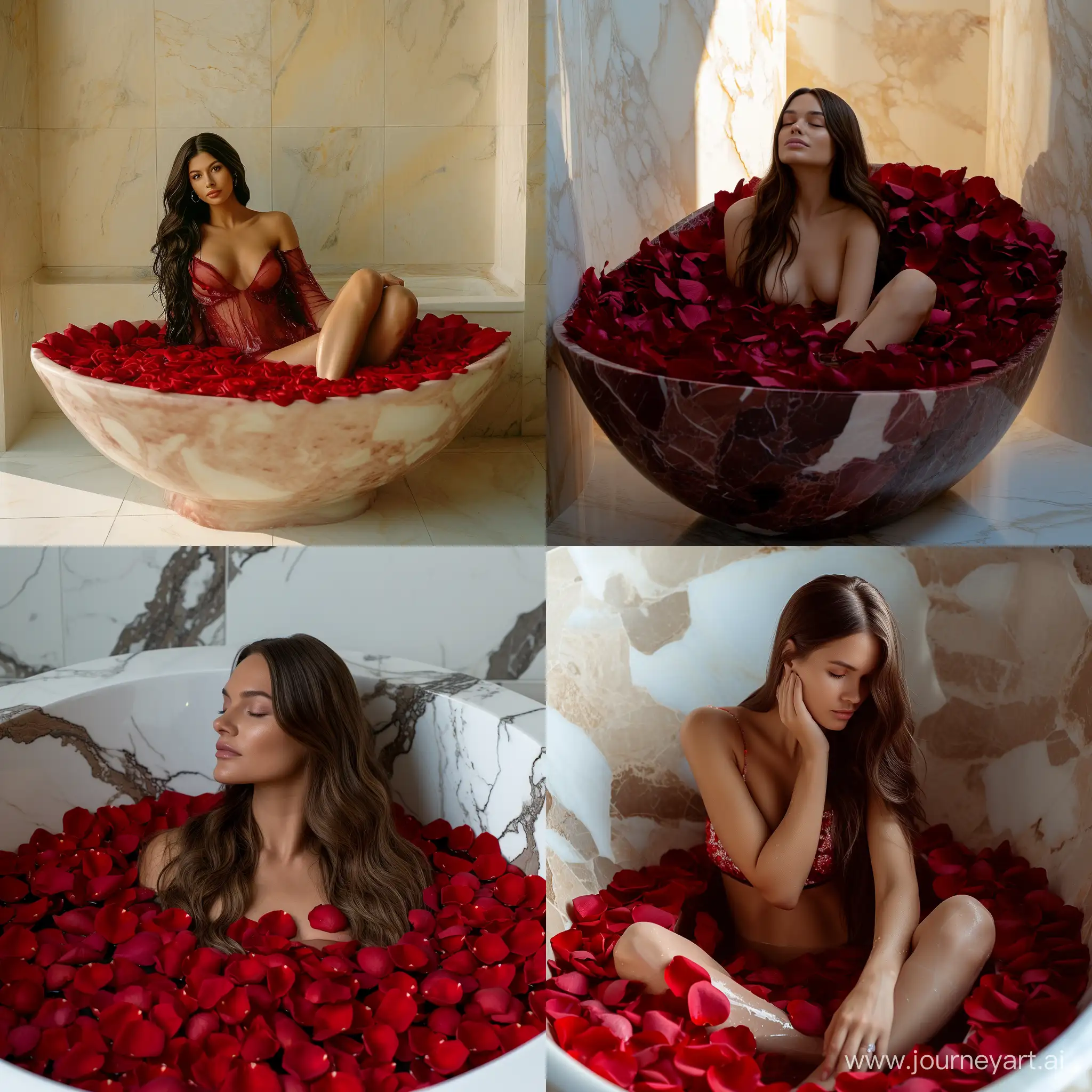 brunette model that doesn't exist in real life, bathing in a red rose petal bath tub, 4K, UHD, pinterest aesthetic, large marbel bath tub