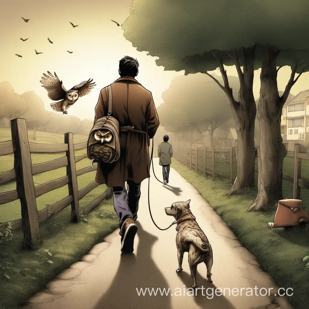 Harmonious-Stroll-Man-Owl-and-Dog-in-Nature