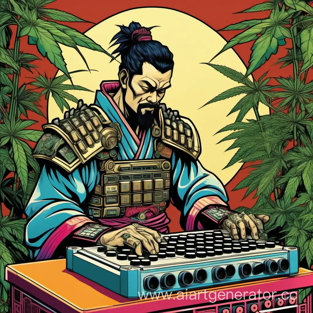 ein unrasierter, deutscher, dunkelhaariger hip-hop samurai in rüstung spielt hip-hop beats auf einer MPC Groovebox mit 16 Pads während er bier trinkt, im art deco stil, LP Cover, LoFi, Boom-Bap, Hip-Hop, art deco, art nuveau, jugendstil, cannabis pflanze im hintergrund