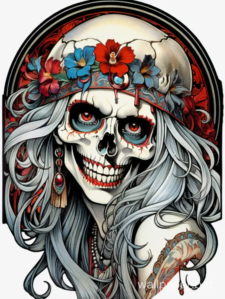 skull young gypsy,  Beautiful face, evil laugh, open mouth with tongue, details, darkness assimetrical, the art of coop style, william morris  alphonse mucha hiperdetailed, torn poster edge, chaos chromatic dripping colors, black, white, red, gray highcontrast explosive colors, sticker art