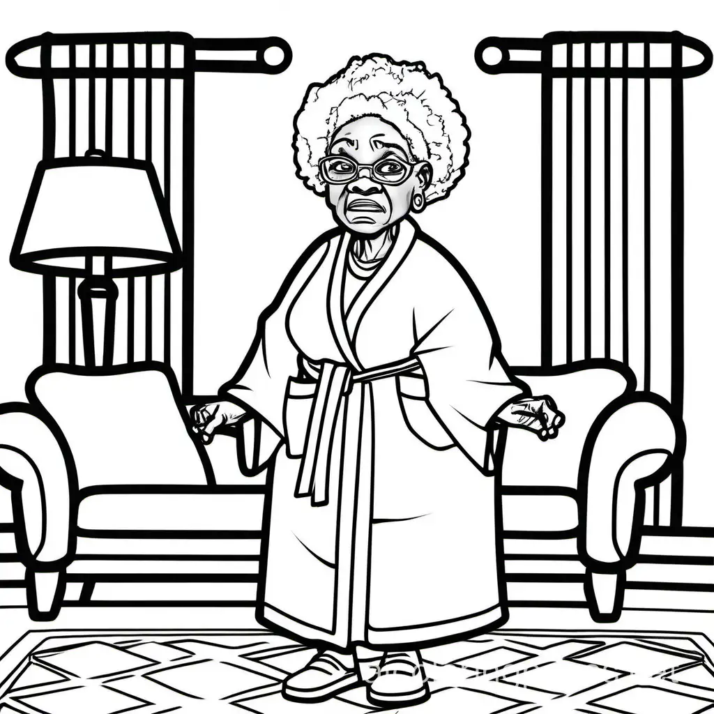 african american grandma in the living room angry housecoat, Coloring Page, black and white, line art, white background, Simplicity, Ample White Space. The background of the coloring page is plain white to make it easy for young children to color within the lines. The outlines of all the subjects are easy to distinguish, making it simple for kids to color without too much difficulty