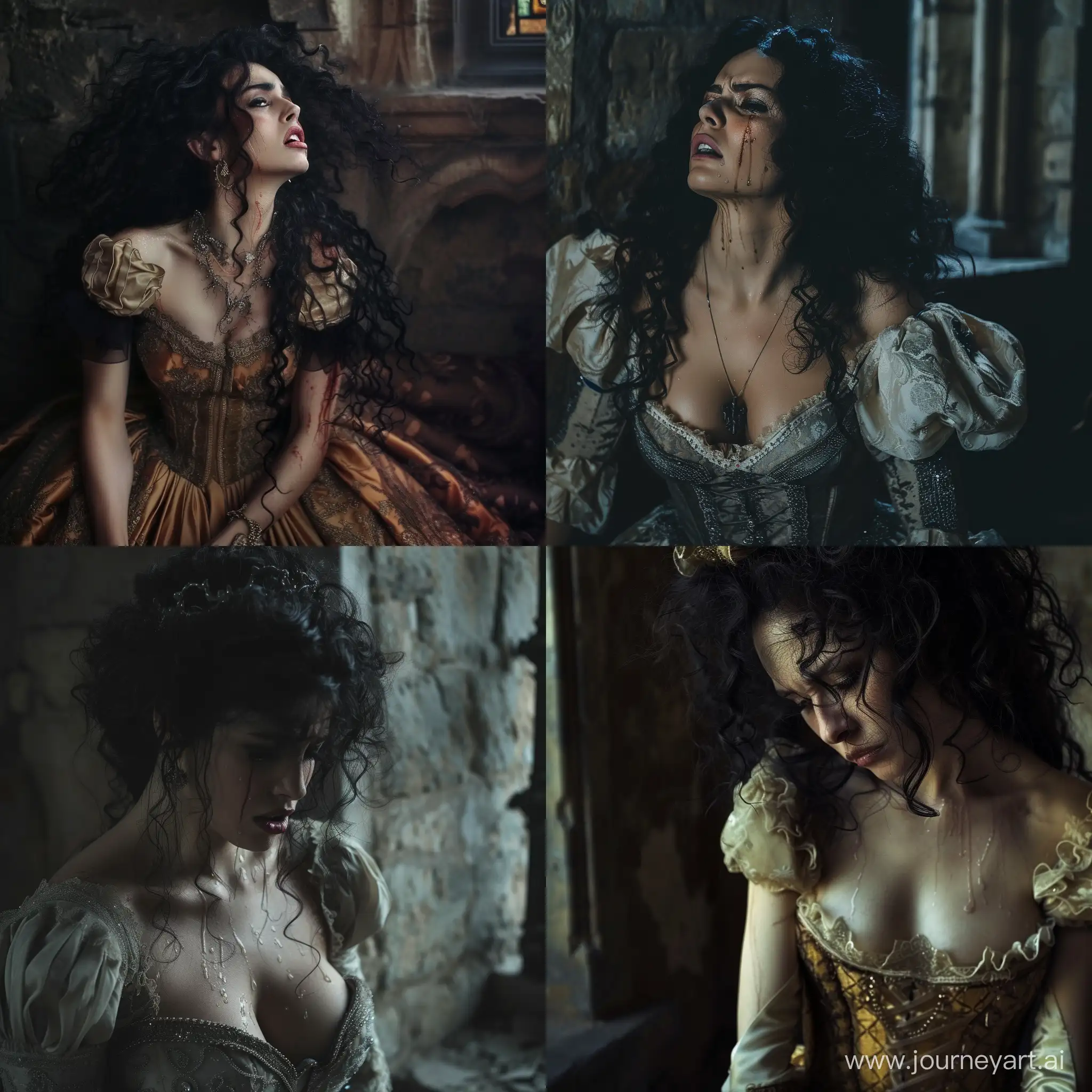 tormented woman with black curls in a beautiful dress, castle chamber, crying, fantasy, darkness