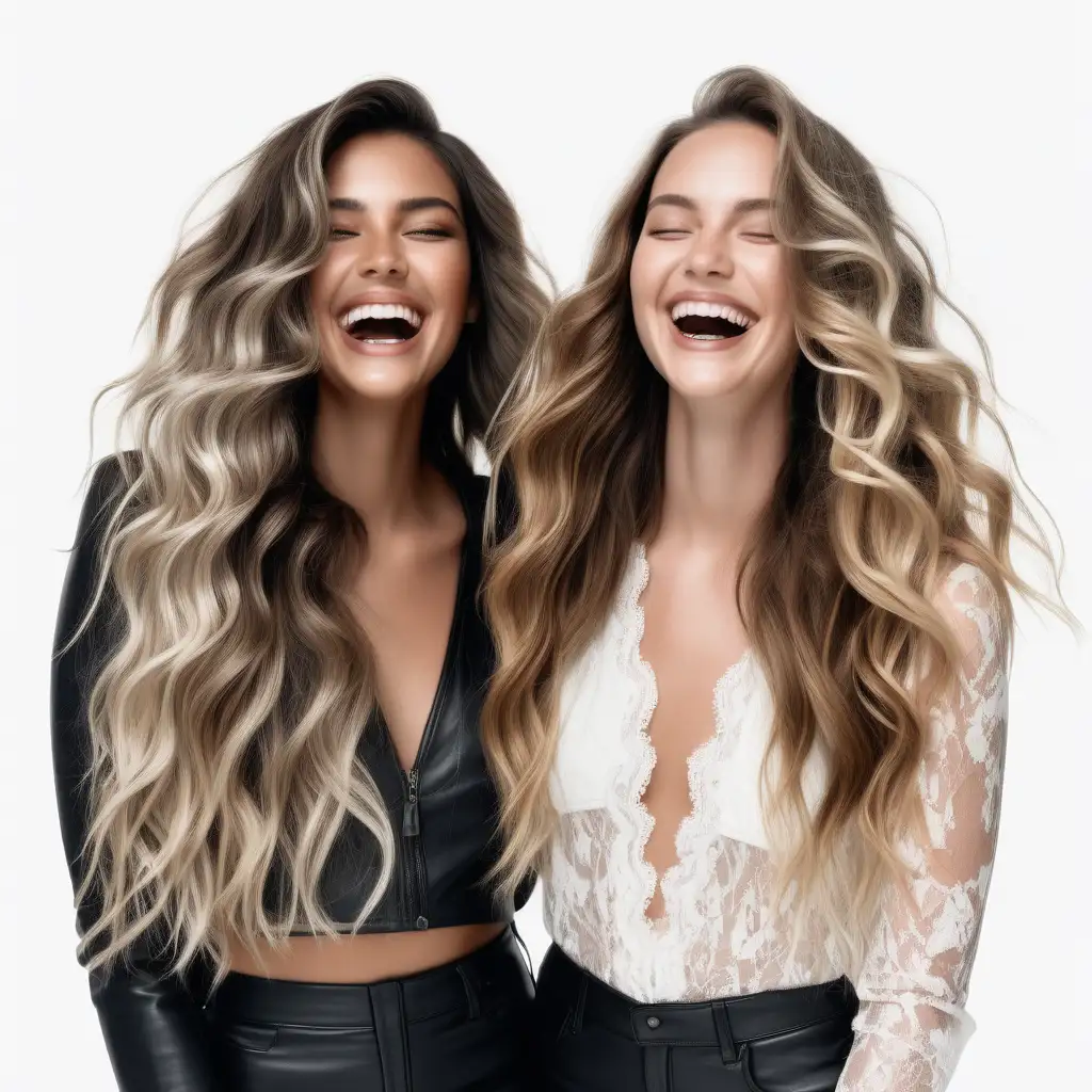photoshooy with white background of two hair models softly laughing, one with darker skin both with long dimensional balayage wavy hair wearing leather and lace trendy attire