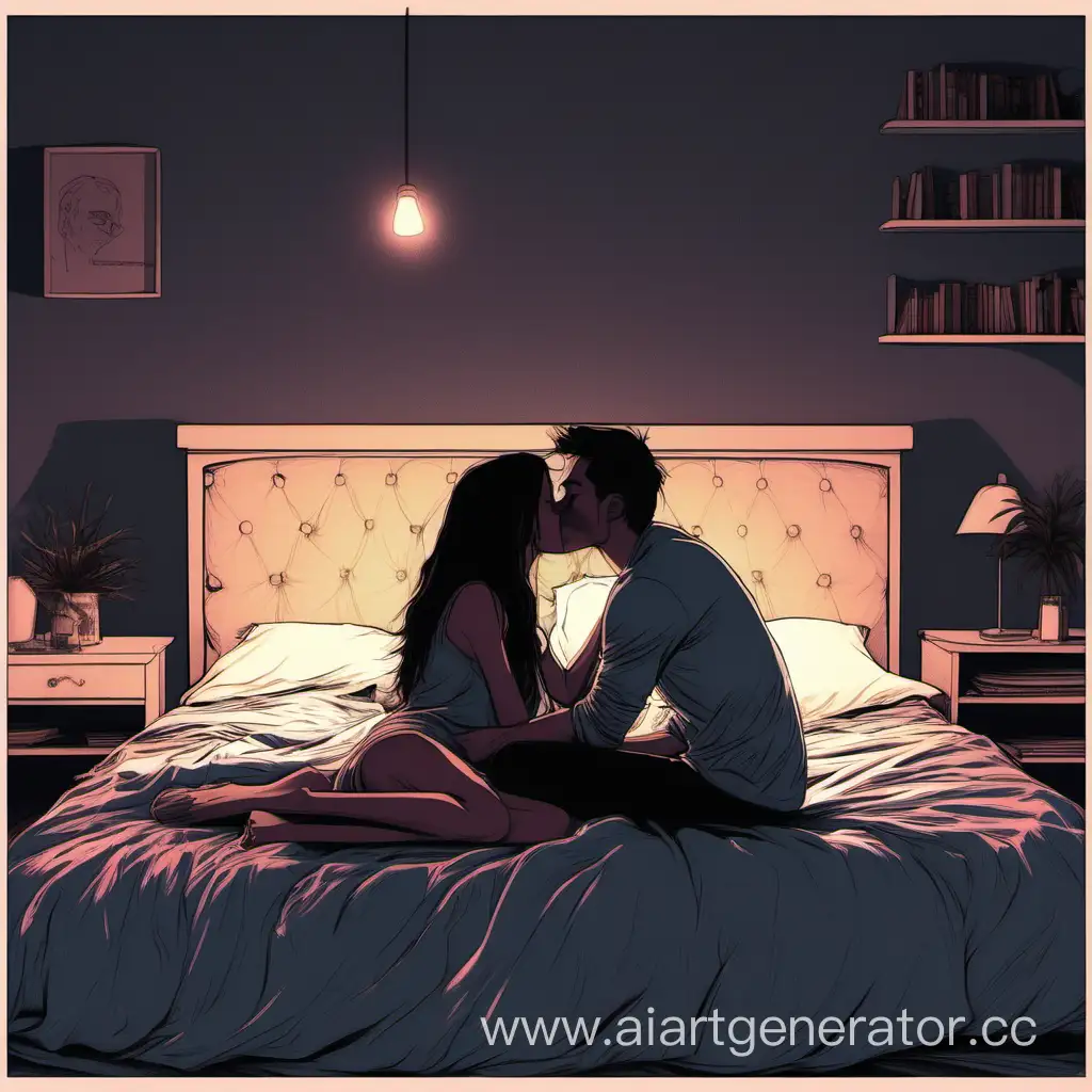 Парень и девушка целуются в романтический обстановке.. Всё происходит дома на кровати перед сном без света. Картина должна быть ближе к тёмным оттенкам. Это будет обложка к треку