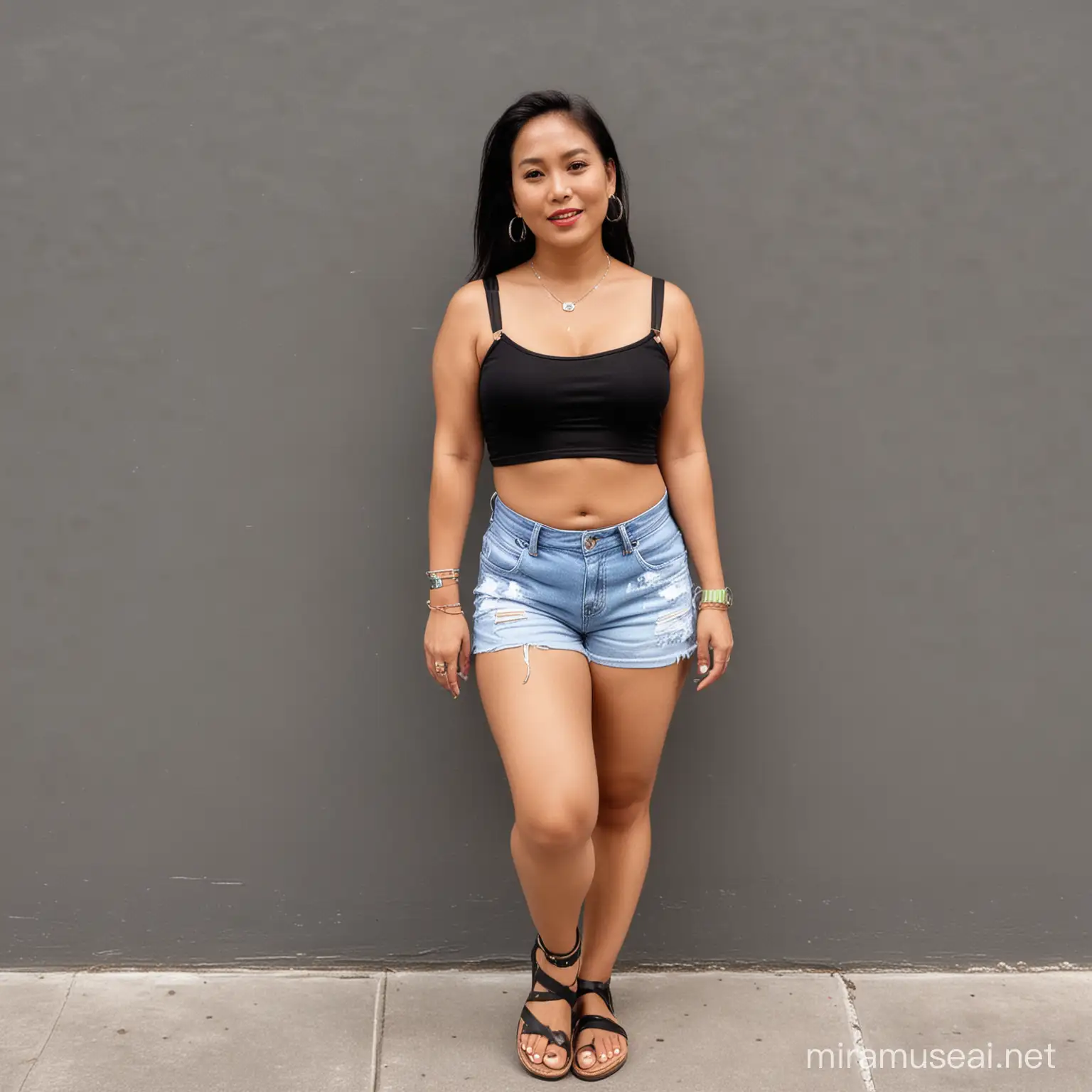 Filipina middle aged woman, wearing crop yop and shorts with sandals, thick thighs, navel piercings