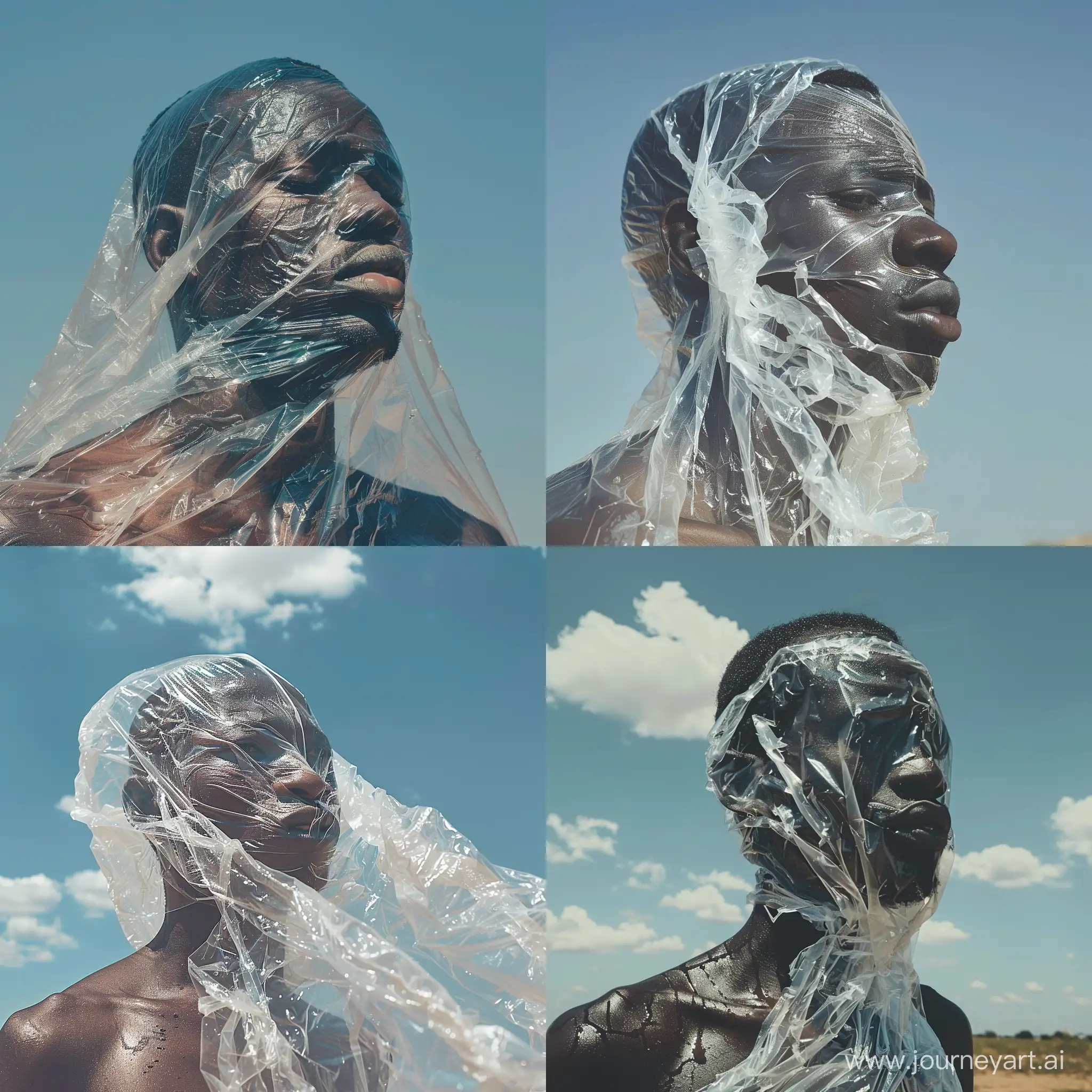 African man covered in 60% clear plastic bag on a sunny day 
