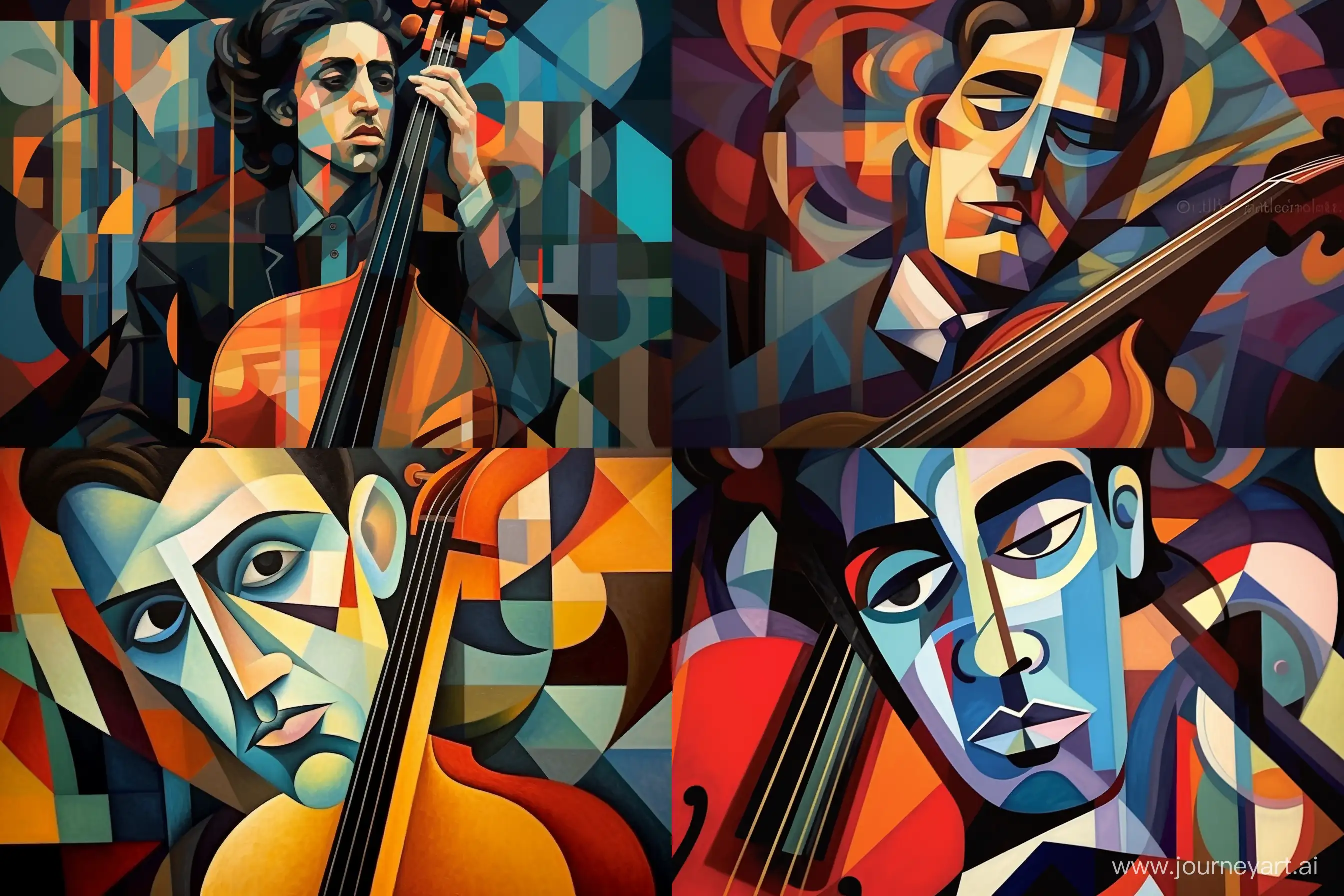 Cubism: Create a fragmented portrait of a bass musician with multiple perpectives. --ar 3:2