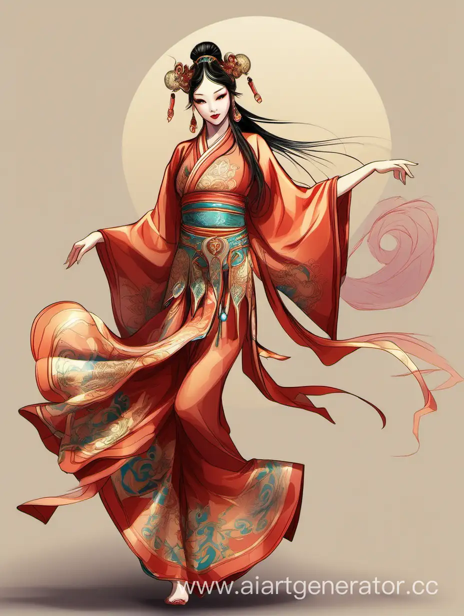 Reference, one-time design , oriental style , full height,fantasy, magic, magic, oriental dancers. 