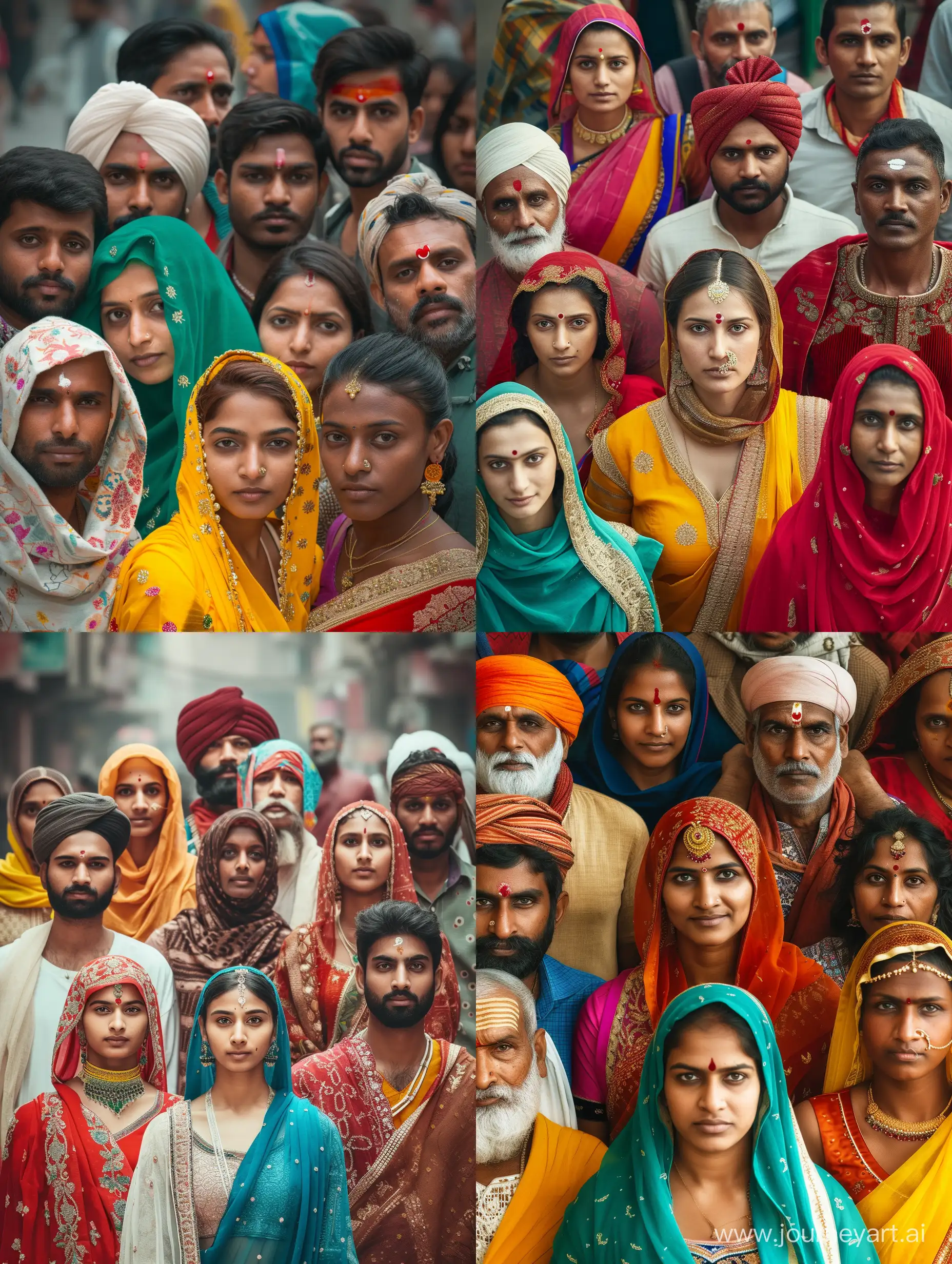 10 Indian people together,All diffrent ethnic groups,all diffrent traditional clothing and Looks, the people on left represent north indians and are whiter skin colour,left white skin,right represent south india and have a darker skincolour,right is dark skin,4K, photo is generated 15 meters away,the people ar in a city, everybode has a little bit of distance to each other