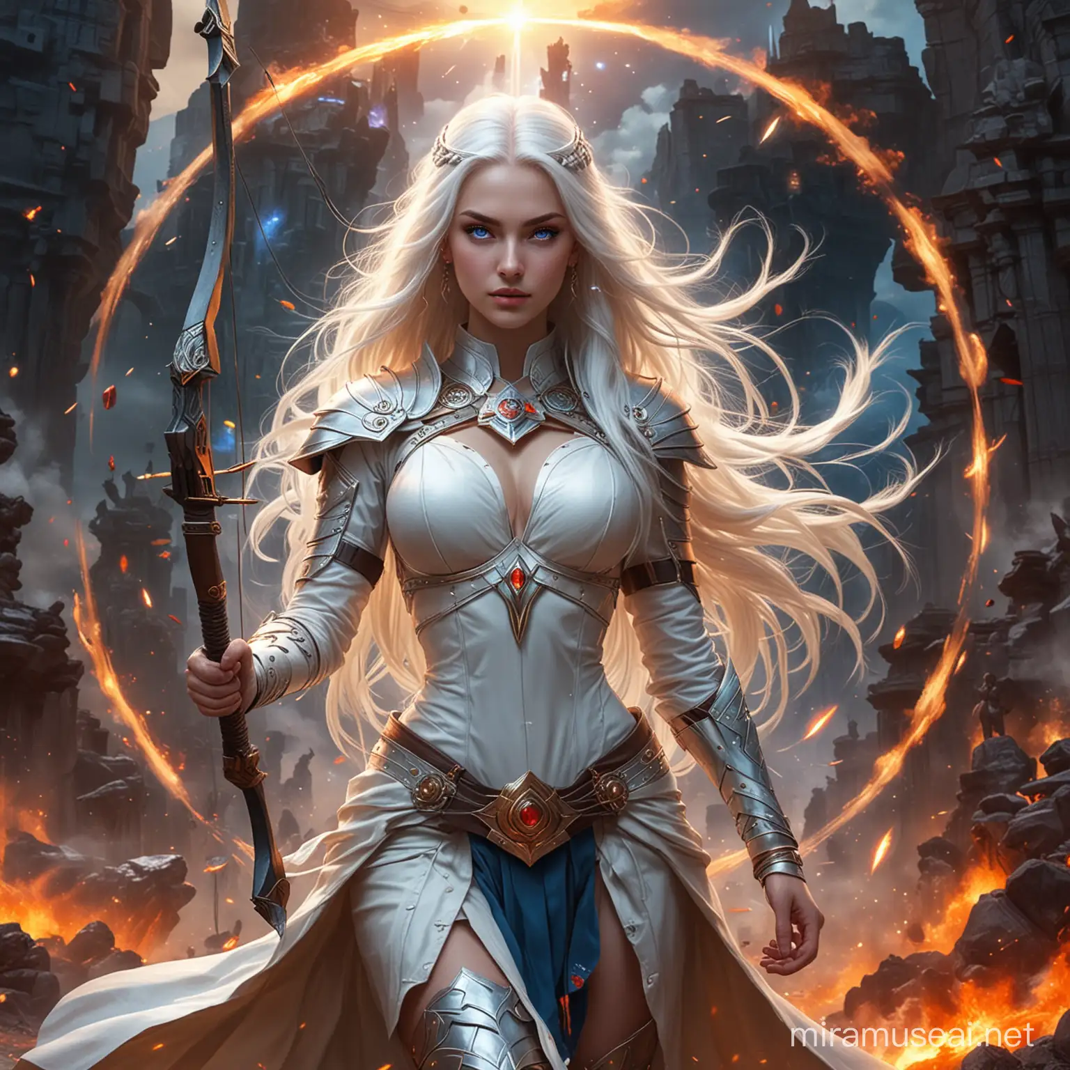 Powerful Goddesses Empresses in White General Combat Suits amidst Cosmic Energy and Fire