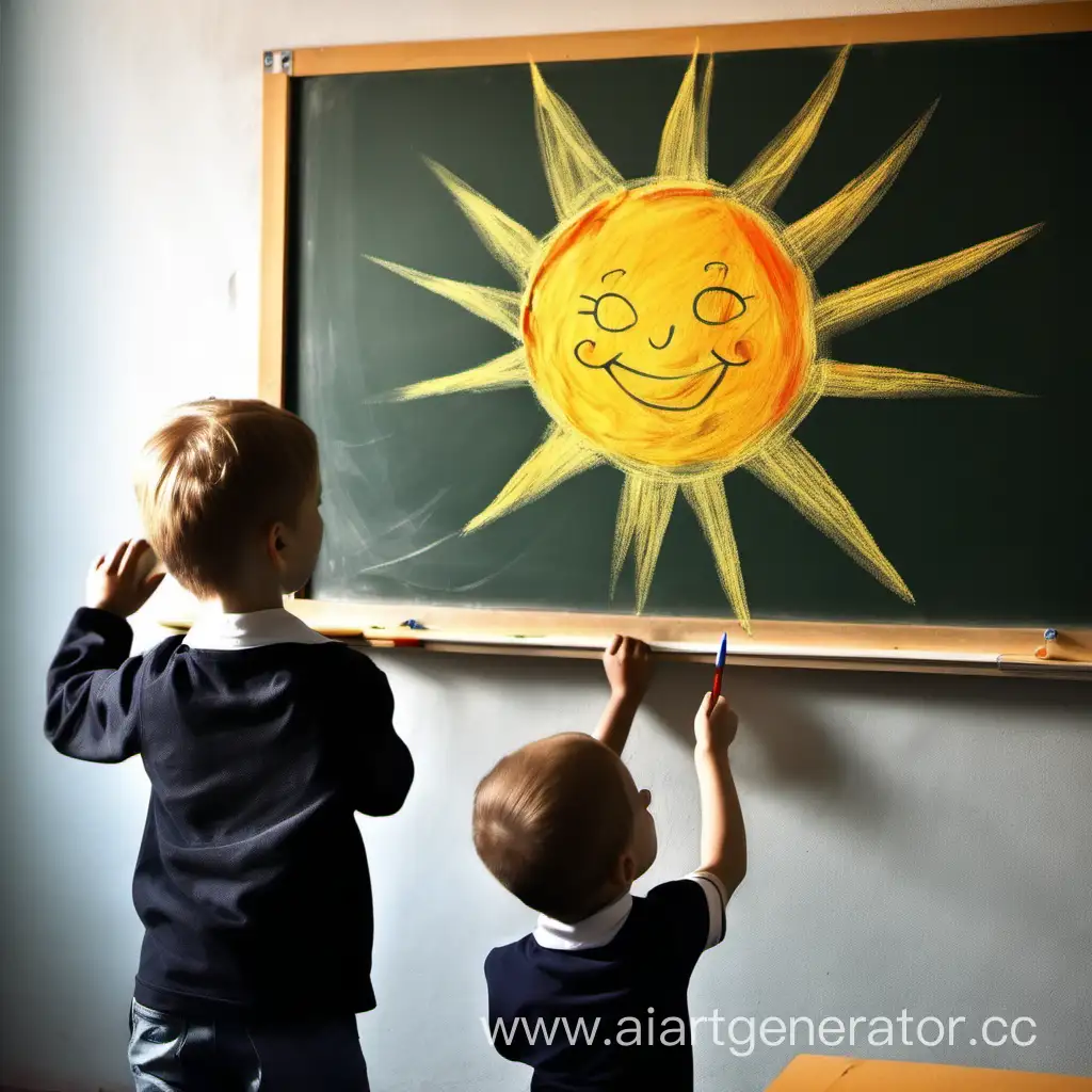 два ребенка рисуют солнце на доске в кабинете школы

