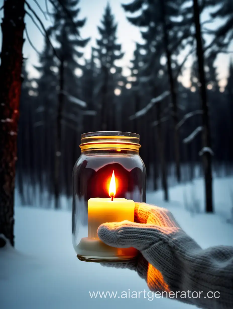 рука в варежке держит свечу в банке на фоне зимнего елового леса