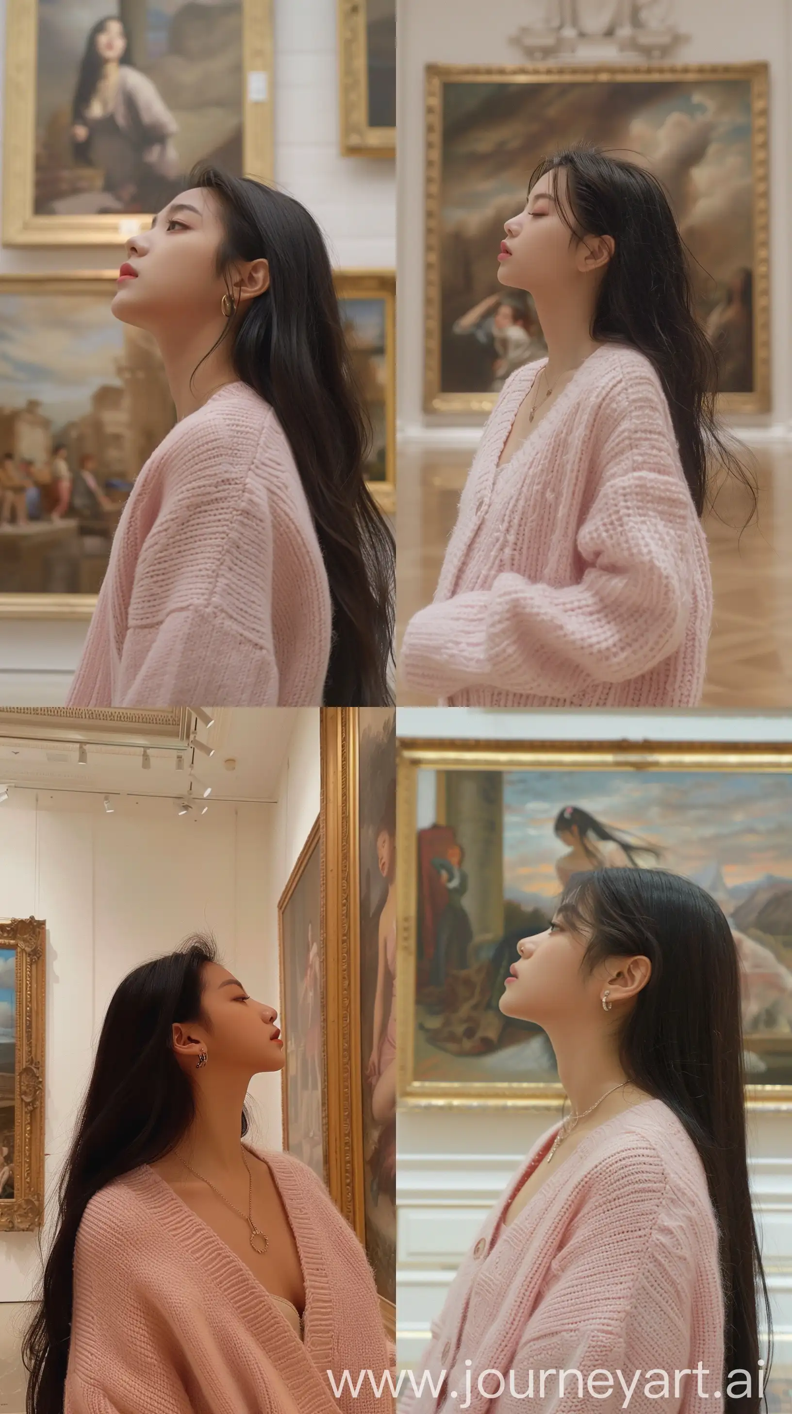 a blackpink's jennie wearing soft pink cardigan, throw face away, profile, front of painting inside art gallery,  --ar 9:16 