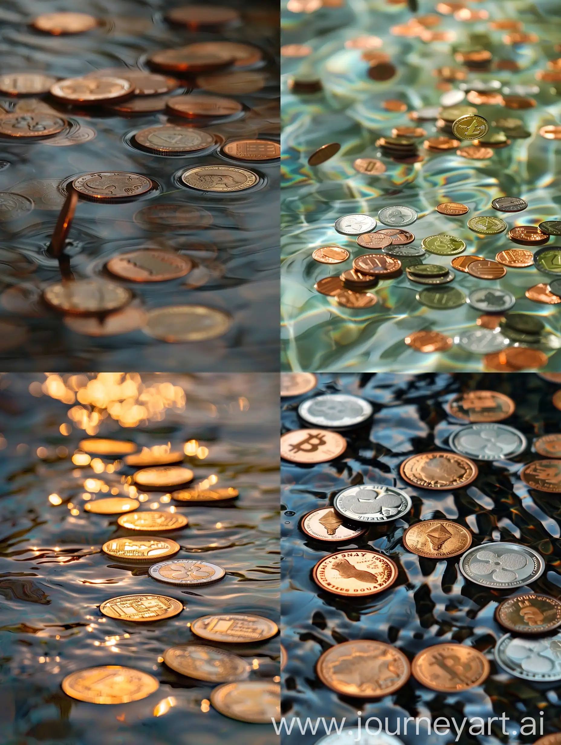 许多硬币漂浮在水中，现实的幻想，抛光的工艺，Y2K美学