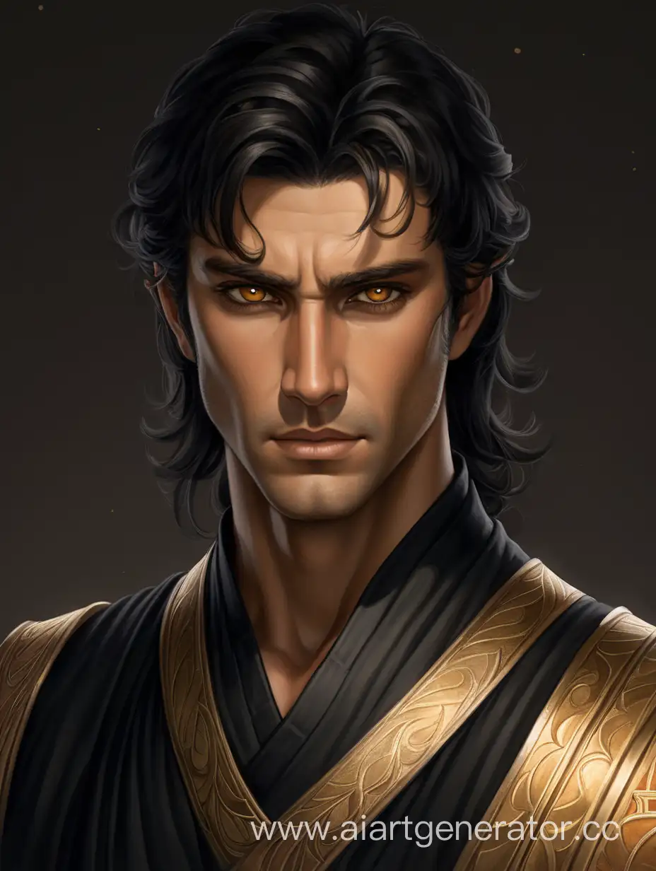 DarkHaired-Man-with-Golden-Eyes-in-Simple-Black-Tunic