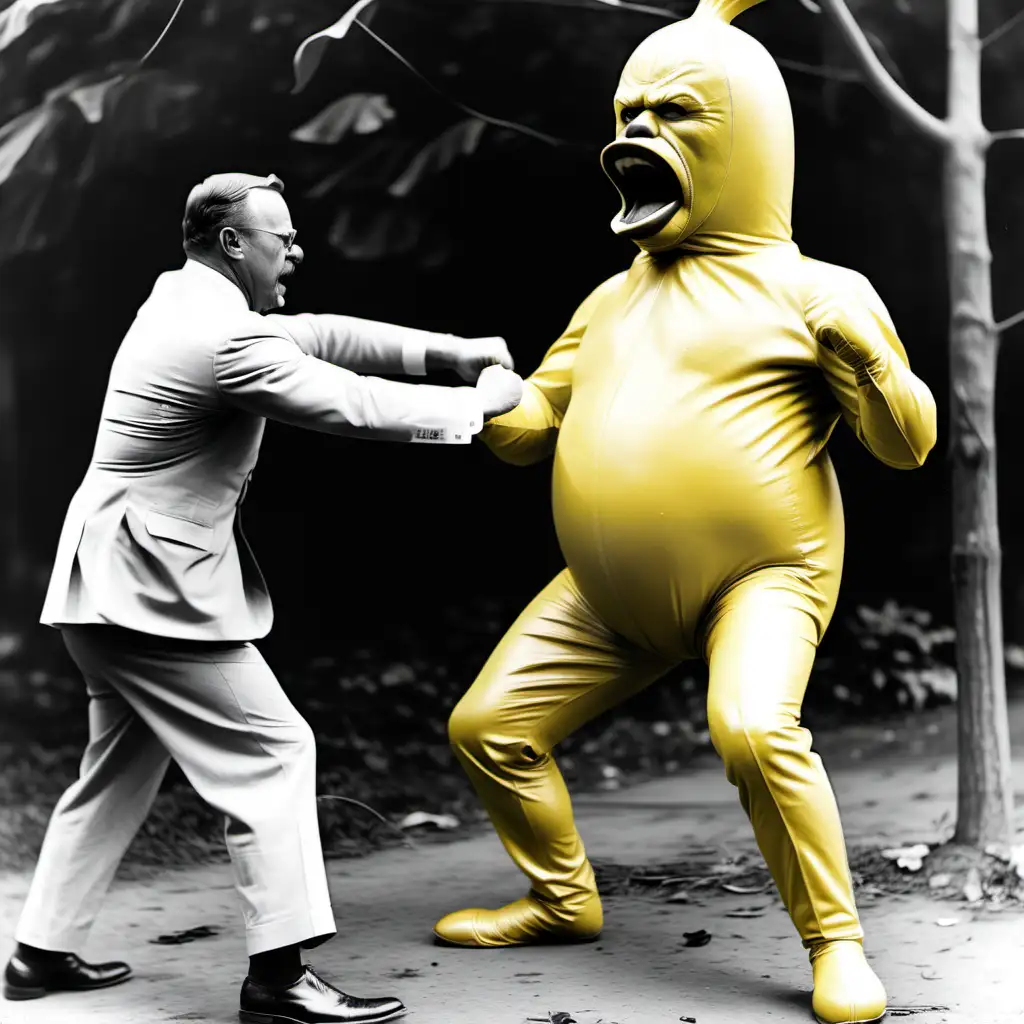 Buff Teddy Roosevelt fight a man in a banana suit