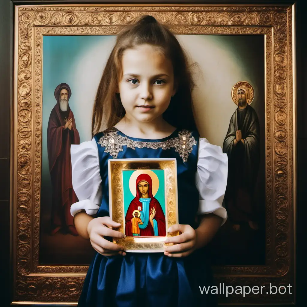 girl in a dress with an Orthodox icon in her hands