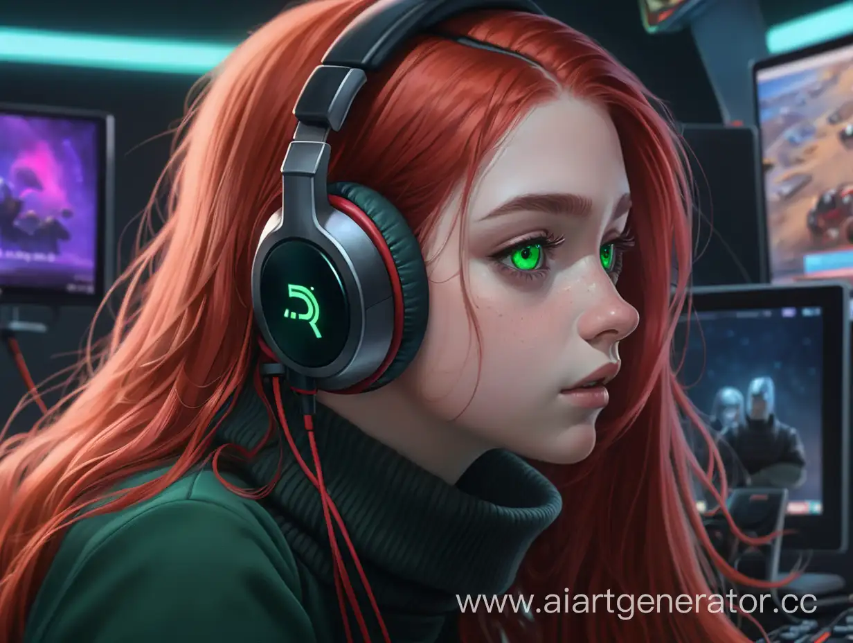 Девушка с длинными рыжими волосами, зелеными глазами, с мешками под глазами, уставшая, в больших игровых наушниках и черной водолазке профиль