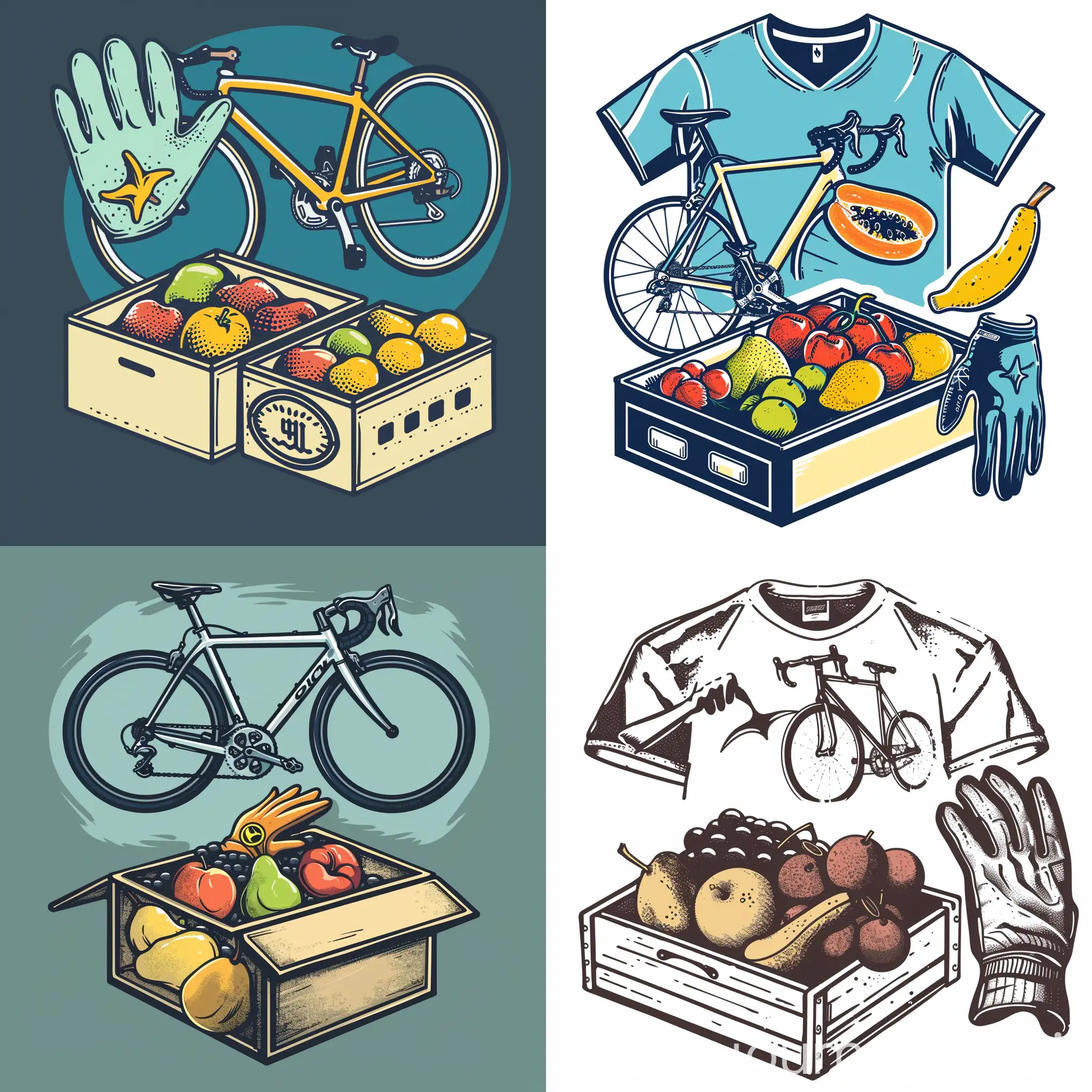 create a logo for a t-shirt with a road bike , a glove with a ray and a box of fruit