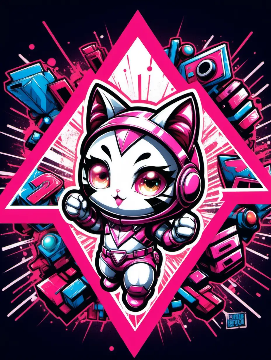 2d poster style, old style poster drawing, high contrast, flat pop art style drawing of a triangle-shaped composition featuring a little naugty cute kitty daredevil, dressed like Arcee, glowing. Anime, chibi style. Big head, small body, big eyes. Cute face. The background is filled with graffiti elements, incorporating vibrant electric colors, various shapes, and dynamic lights. The overall image should be lively, colorful, and reflective of contemporary youth culture, embodying the energetic spirit of pop art. Drawing must be in 2d flat style, popart. 