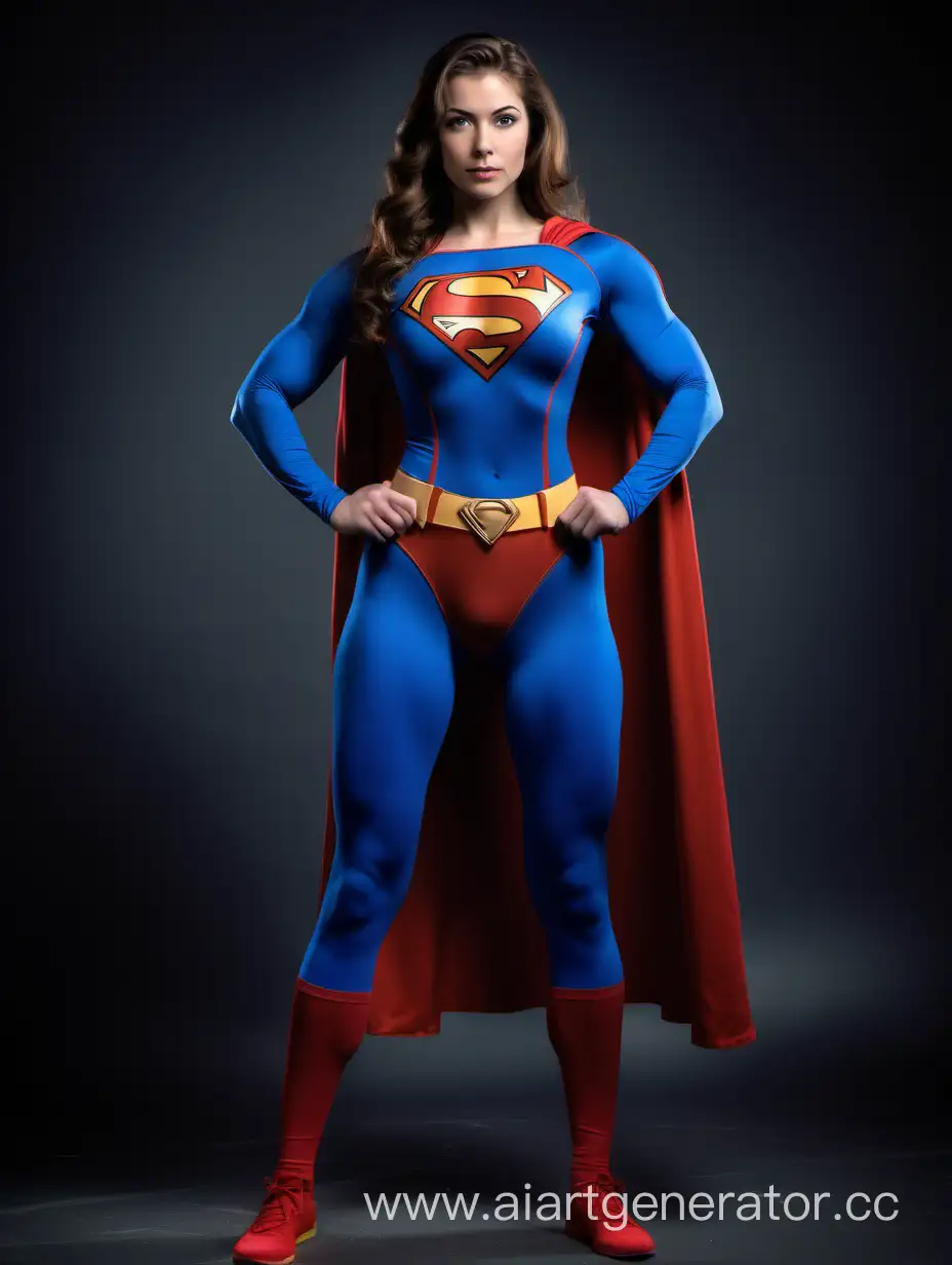 A pretty woman with brown hair, age 21. She is confident. ((She is Extremely Muscular)). Powerful. Strong. Mighty. Massive. Superhero. She is wearing a Superman costume, blue sleeves, blue leggings.
Photo studio. Superman the Movie.
