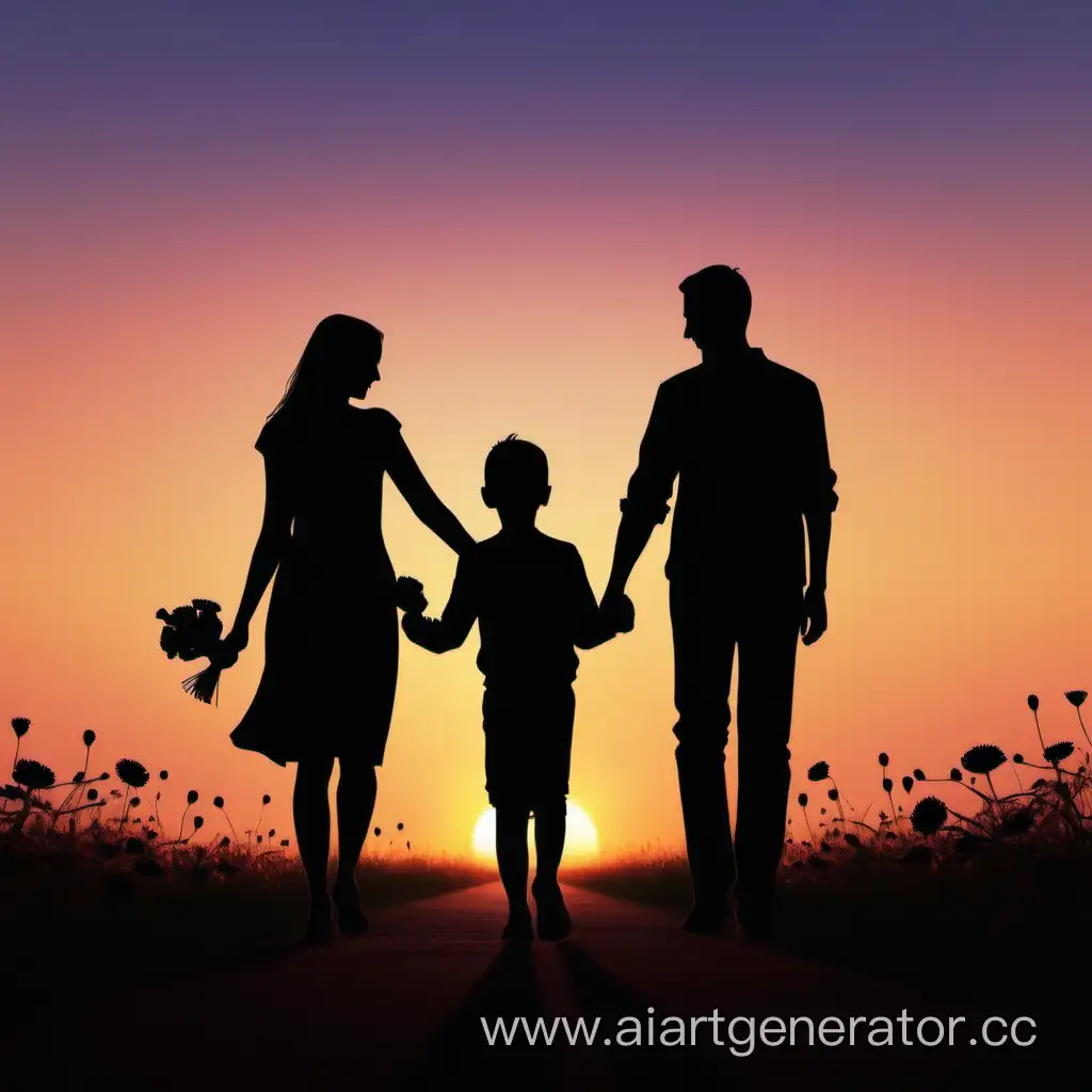 Happy family walking holding hands. Sunset.Silhouette. Mom has a bouquet of flowers in her hands.