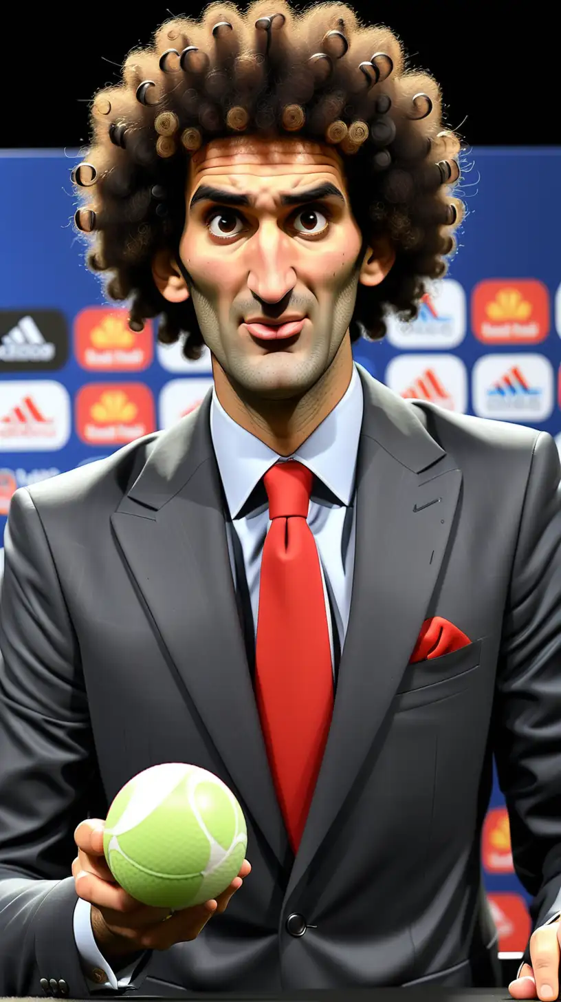 Drawing of Marouane Fellaini wearing a suit,funny face. Or holding two ping pong balls.The background image is a press conference image

