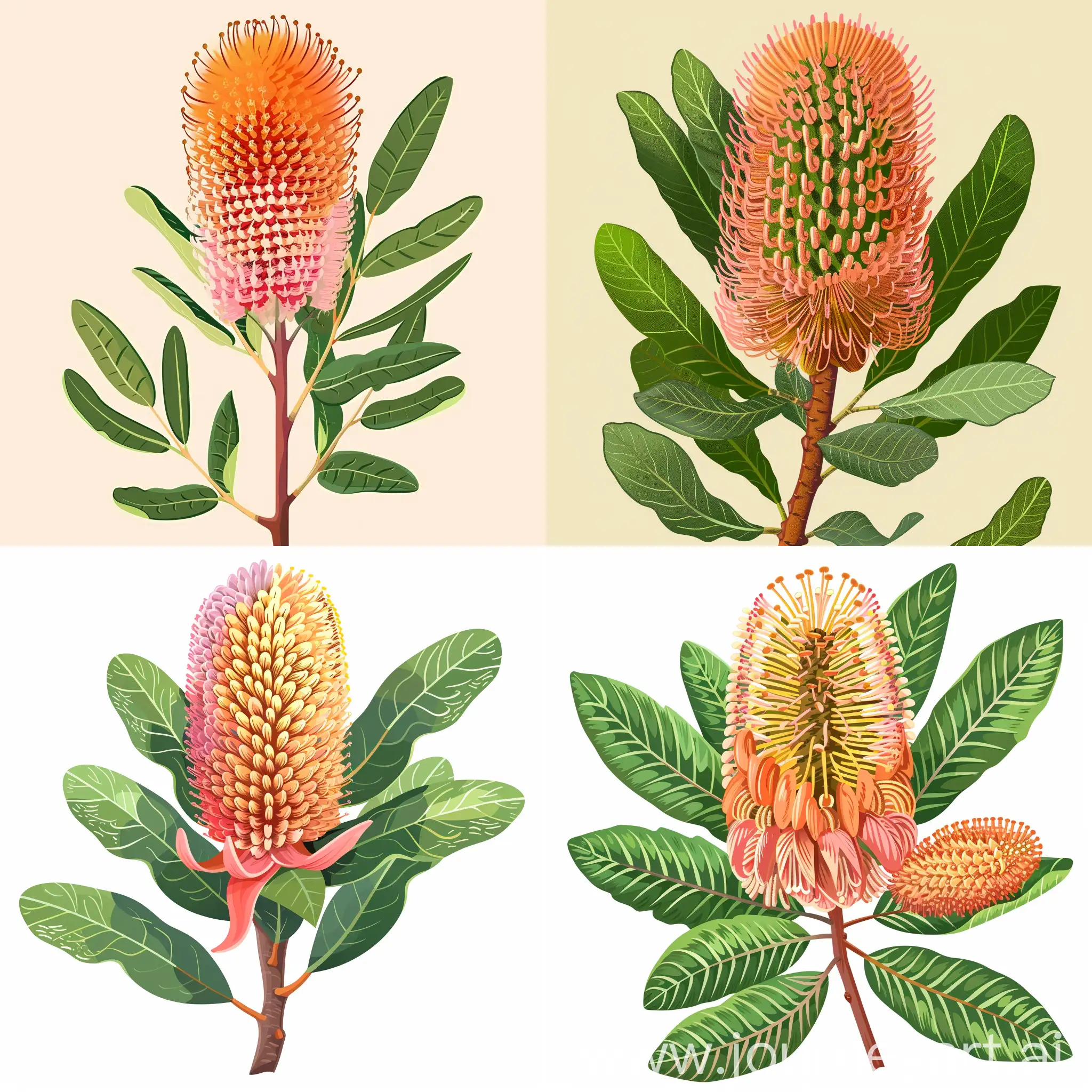 Cartoon of Australian banksia flower orange and pink in colour with green leaves