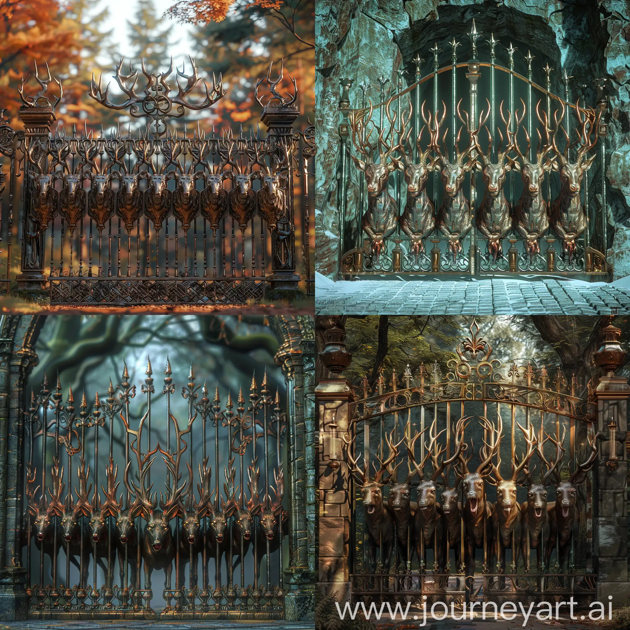 Bronze gates, ten deer faces with fangs coming out of the gate!!!!! surrealism + horror, ((masterpiece)), ((best quality)), high detail, highest detail, high detail, color, beautiful, HDR, photorealistic, ultra hd, realistic, vivid colors, highly detailed, UHD drawing, pen and ink, perfect composition, beautiful detailed intricate insanely detailed octane render trending on artstation, 8k artistic photography, photorealistic concept art, soft natural volumetric cinematic perfect light