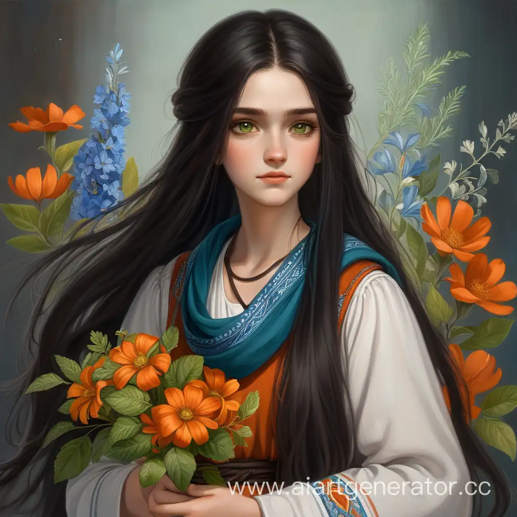 Ancient-Rus-Girl-Gathering-Herbs-in-Dark-Orange-Sarafan