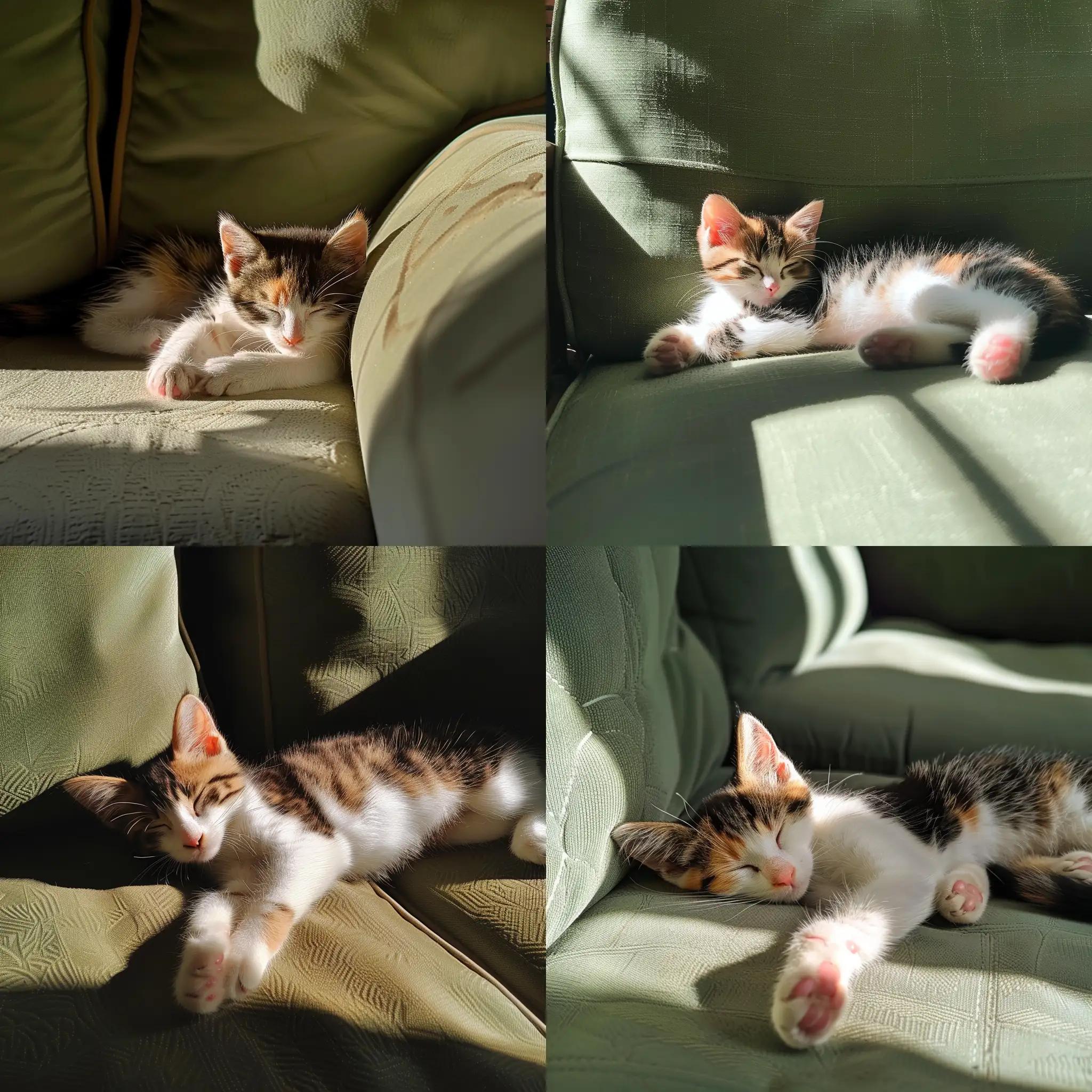 Sleepy calico kitten napping in the sun on a sage green couch. Style: Pixar