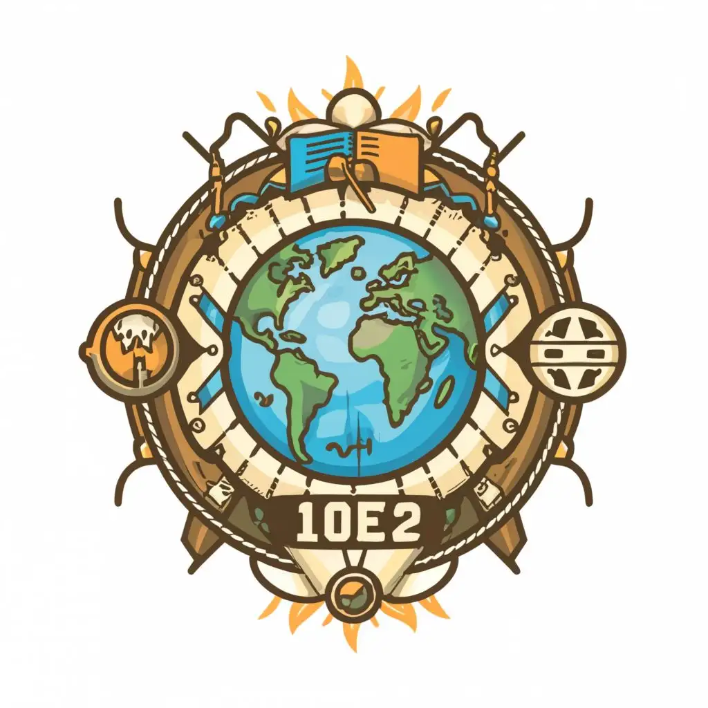 a logo design,with the text "GEOGRAPHY 10E2", main symbol:Earth, education, sun river waterfall trees,Moderate,be used in Education industry,clear background