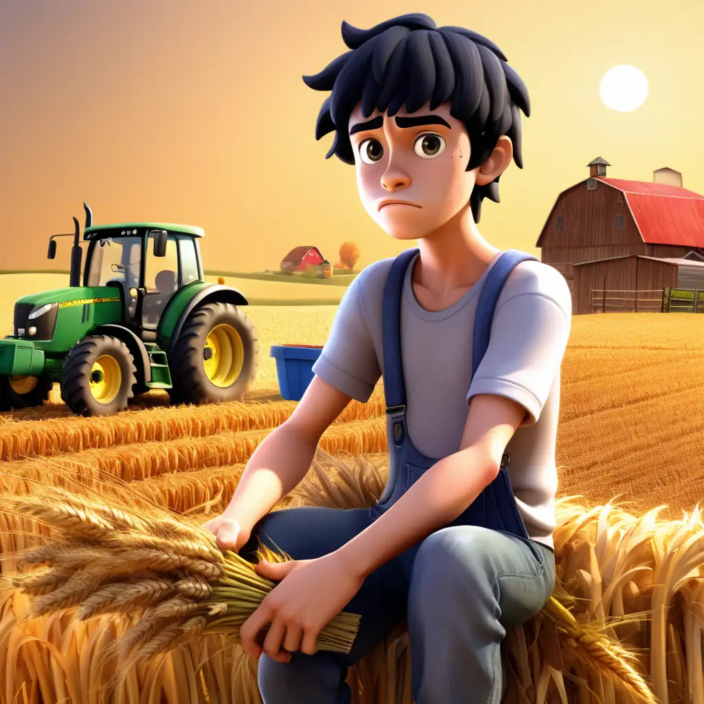 Create a 3D illustrator of an animated scene where a sad looking, charm, frustrated 17-year-old grandson with black hair, despite being physically fit, displays laziness while harvesting on a farm. Show him with a sweat flowing face to convey exertion. Include stunning, warm and colourful background illustrations.