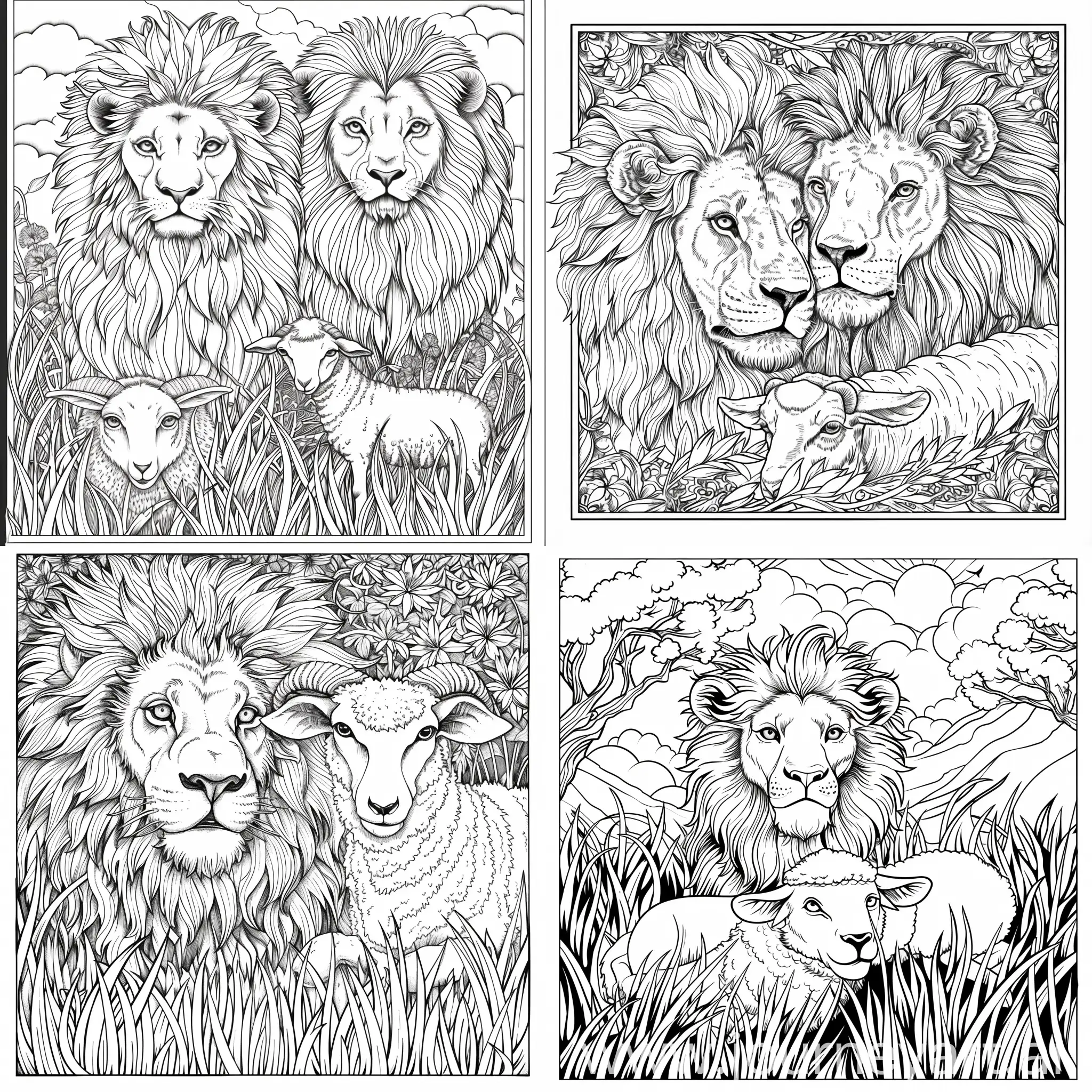 coloring book page with LION  and  LAMB 
