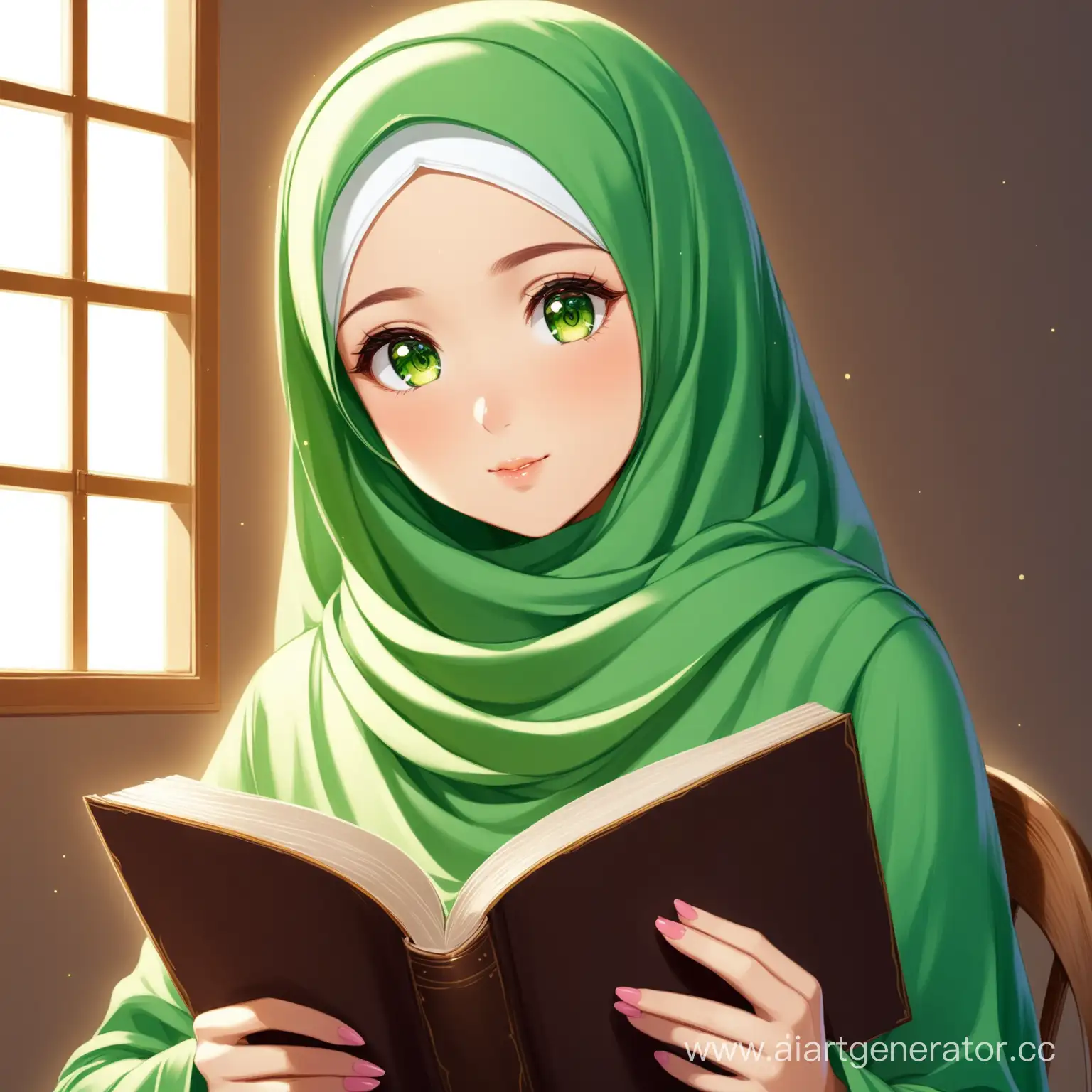 Intelligent-Hijabi-Girl-Engrossed-in-Reading-with-Captivating-Green-Eyes