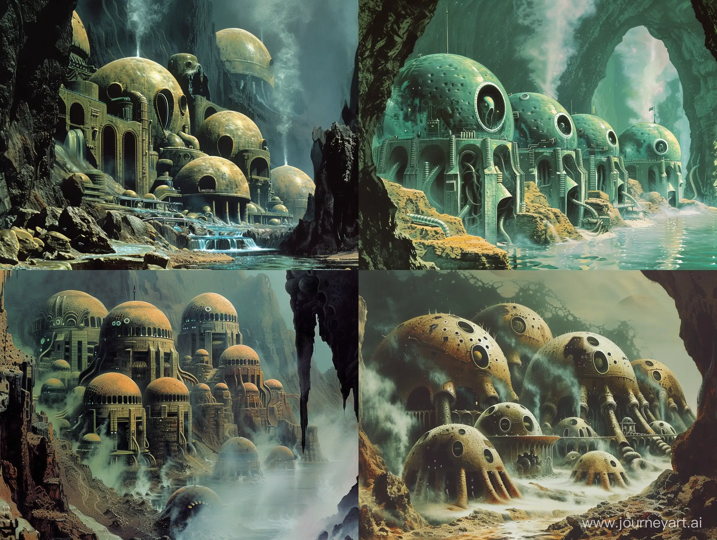 Concept art of an undersea city of domes inhabited by aquatic aliens by HR Giger. Amidst some smoking hydrothermal vents. Retro science fiction style. Surreal. In color. 