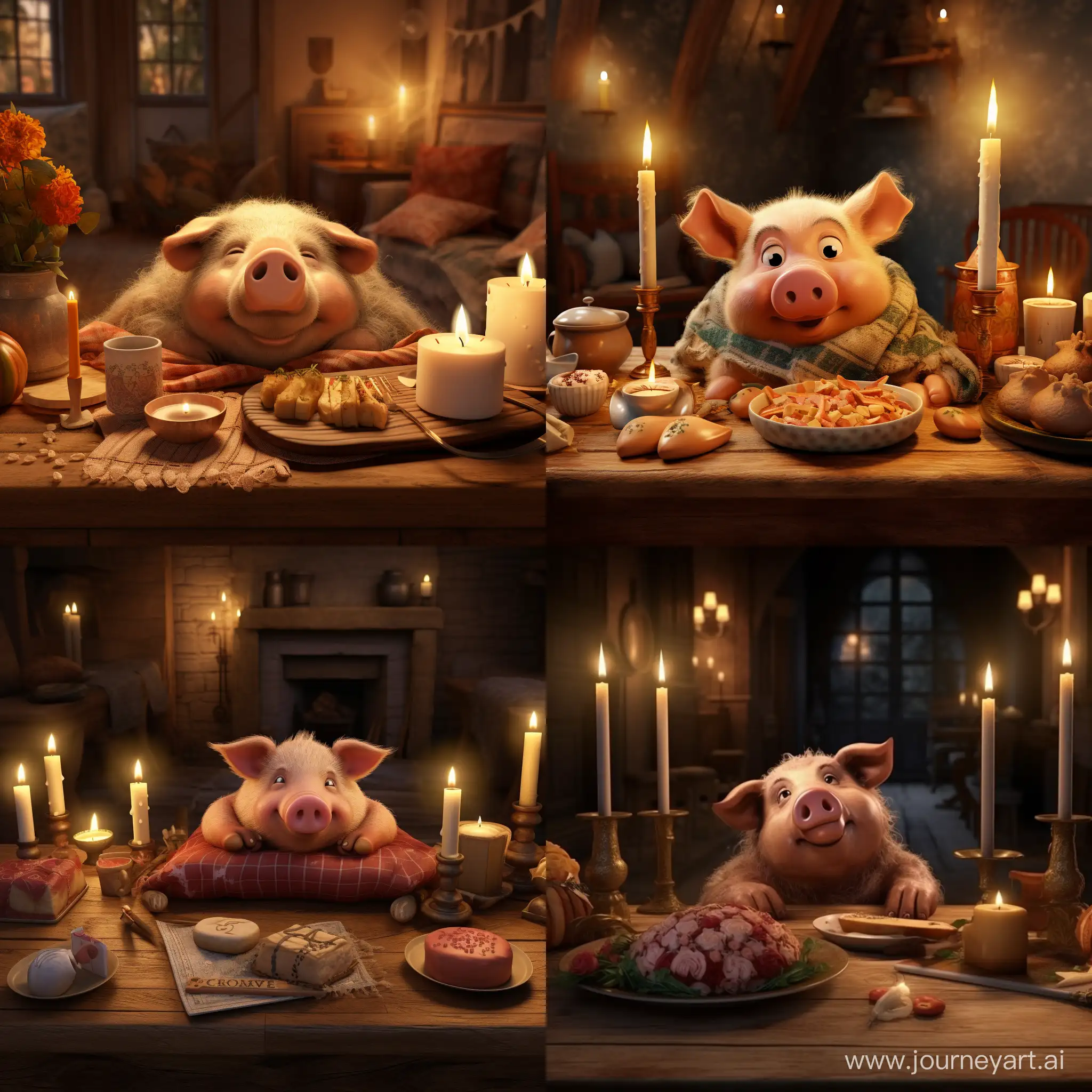 A roast pig lies on a table with candles on it. 3D animation 