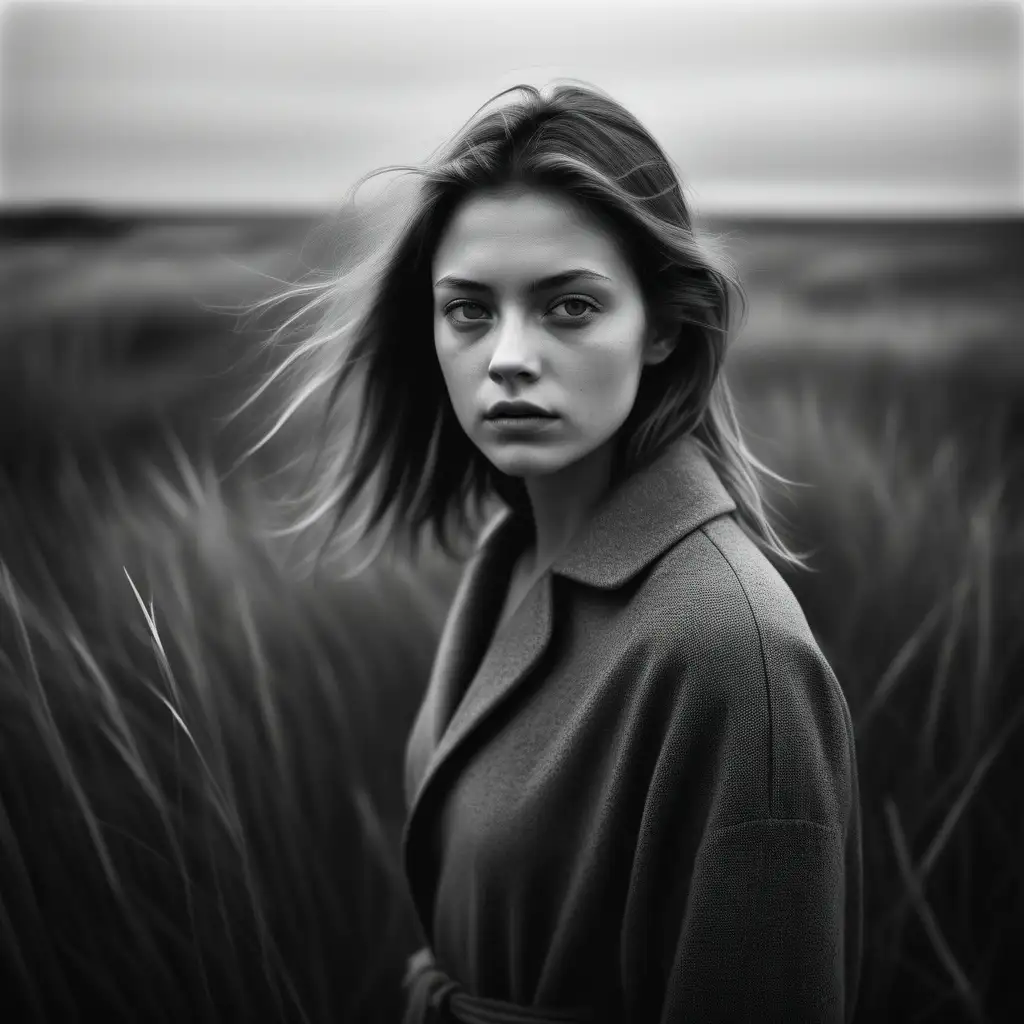 a young mystery woman standing in the grass, in the style of stark black-and-white photography, hasselblad 1600f, coastal landscapes, expressive facial features, dutch landscapes, soft atmospheric scenes, powerful portraits --stylize 750