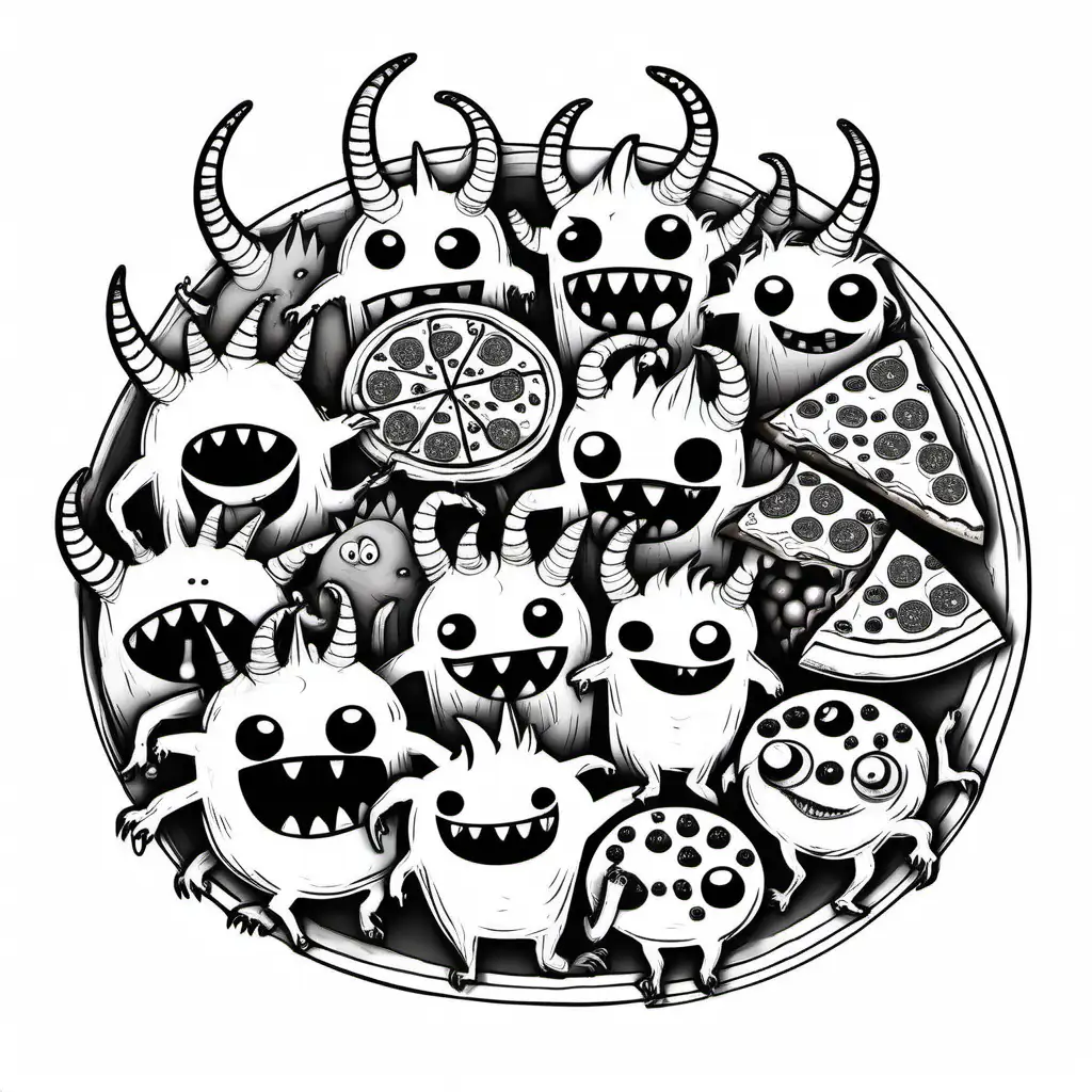 /imagine simple black and white 2 D drawings of monsters holding fruit, pizza and sweets, candy. black lines -no shading. no tone white background. simple black lines. weird and little scary monsters. white background. -no colour. some scary. all different. horns. teeth. one eye. four eyes. 8 eyes. 