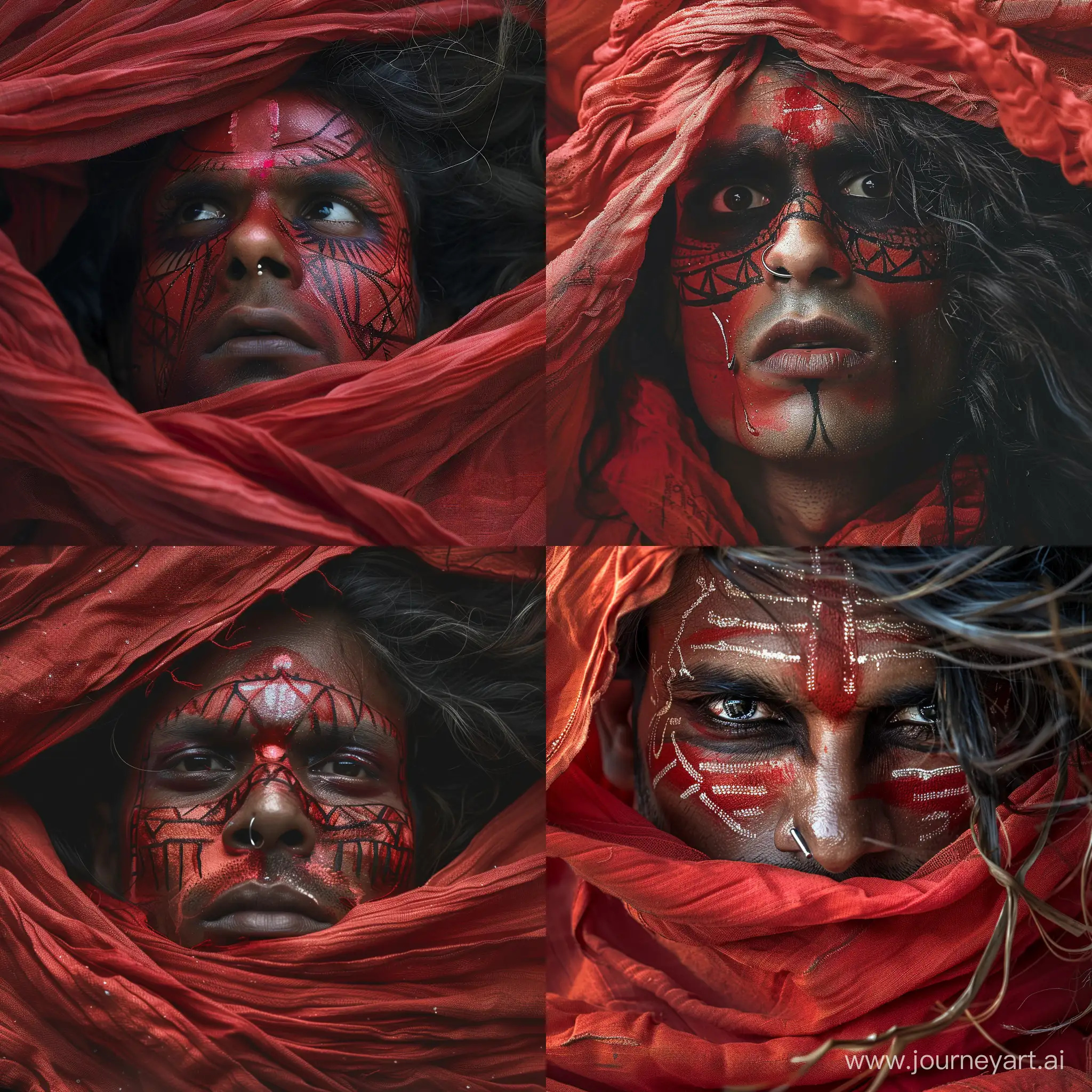Face of ancient sounth indian masculine man face painted like a theyyam in kasaragod. He had intense eye make up like theyyam. He is partially covered his face by a red cotton fabric which has simple geometric pattern on it. He has long flowy hair which moves in wind, he has nose pin, his eyes are teary still intense, his face is tilted upward and look bit side way, the shot have an action effect, he is dark handsome and young, from ancient kerala