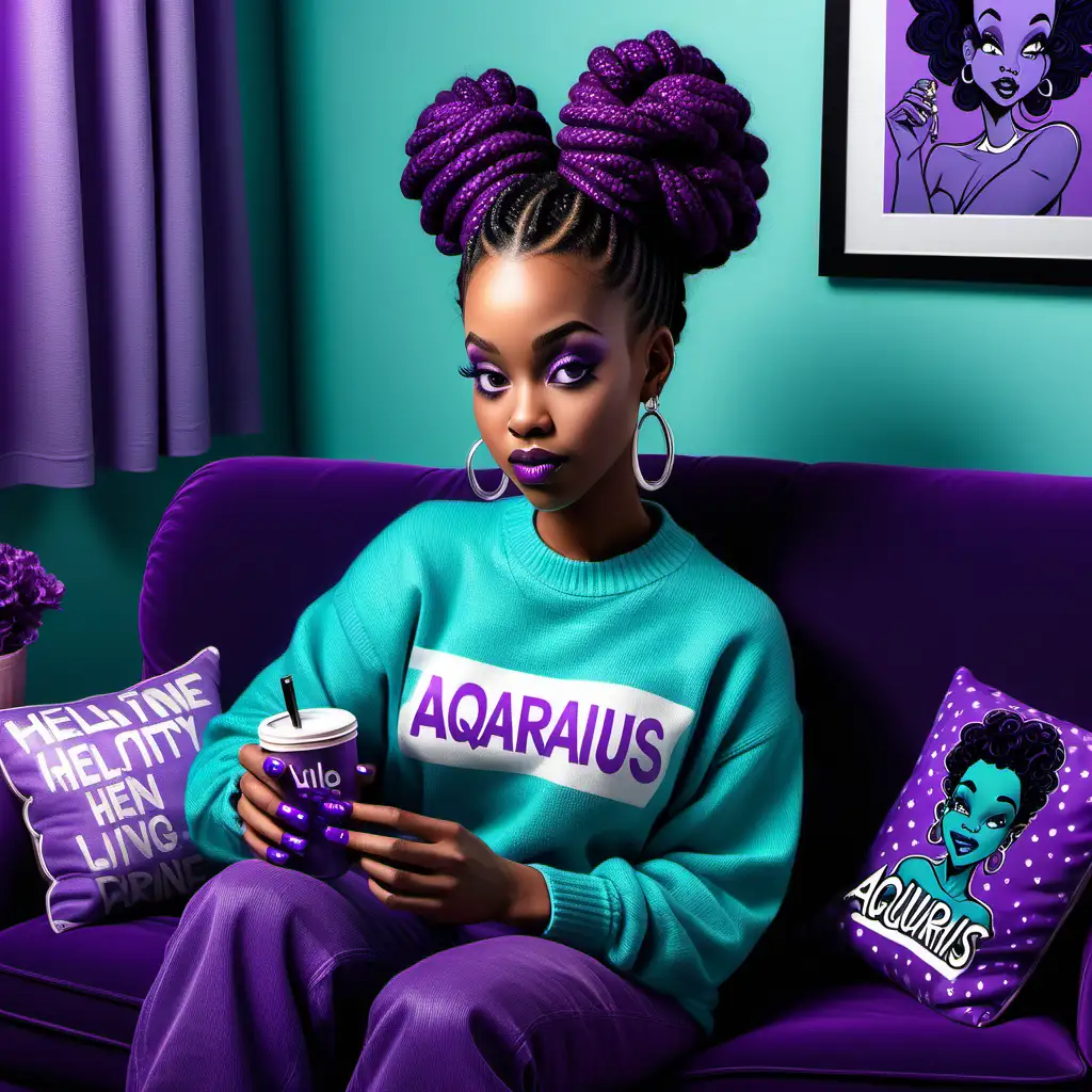 Create a hyper realistic illustration of an African American full figure American woman in a purple sweater with the word Aquarius, with neat braided black loc bun, long purple nails, eating purple popcorn, sitting on a sofa with turquoise and purple  aesthetics, with a purple hello Betty boop tumbler on a table, scrolling her IPhone,and other accessories, she is in her a contemporary living room with turquoise silver and purple decoration, add beautiful flowers in the background.