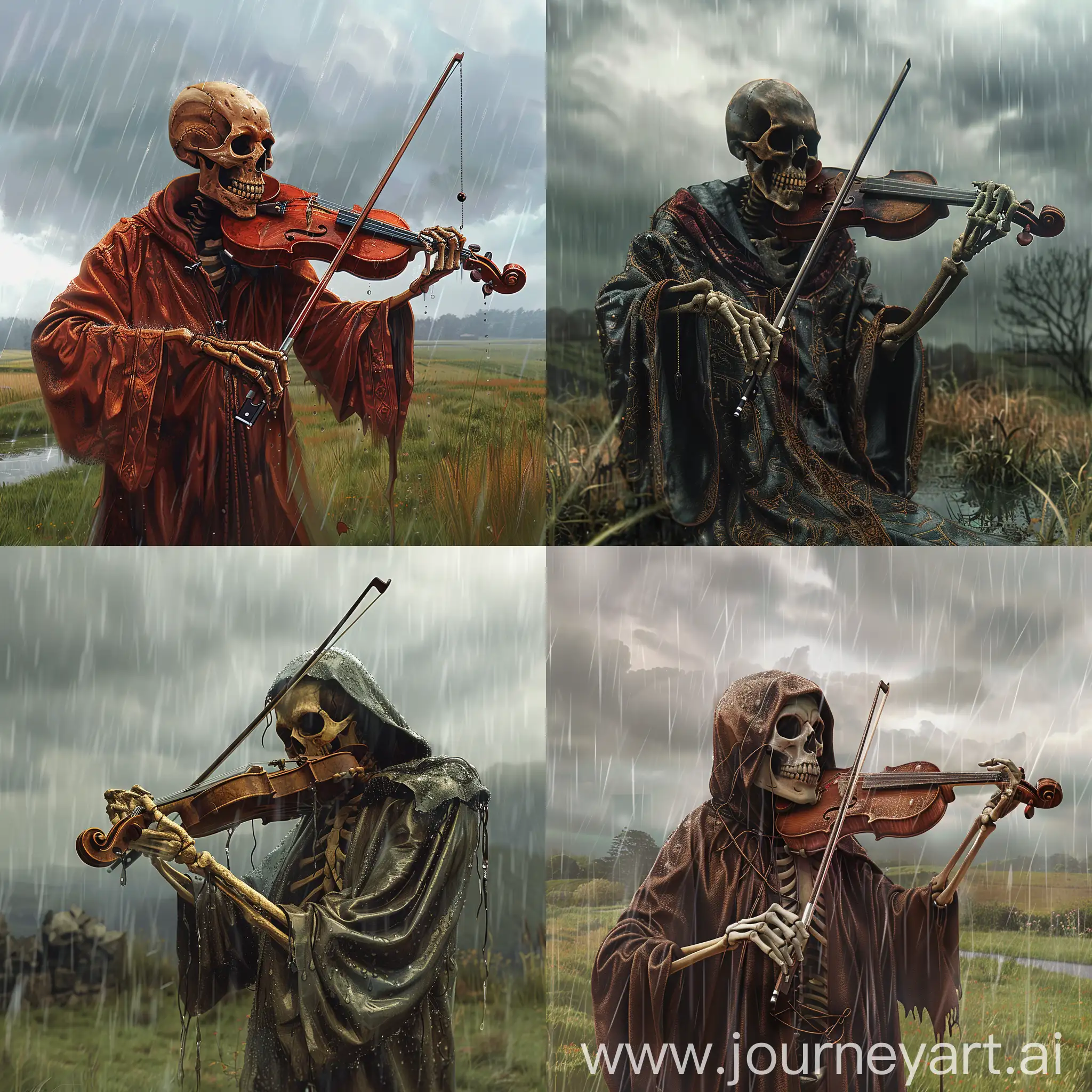 Skeleton bard wearing robe playing violin, in a rainy overcast field, incredible detail, digital art, fantasy,terrifying