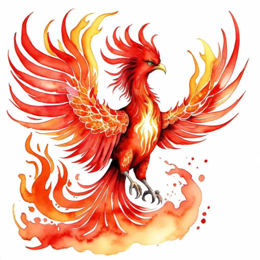 Majestic Fiery Red Phoenix Soaring in Watercolor Splendor