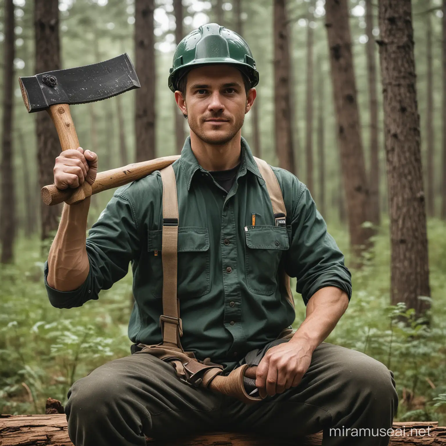 Generate the photo of a forest worker with two hands above shoulder level holding an axe, and seated with a straight back.
