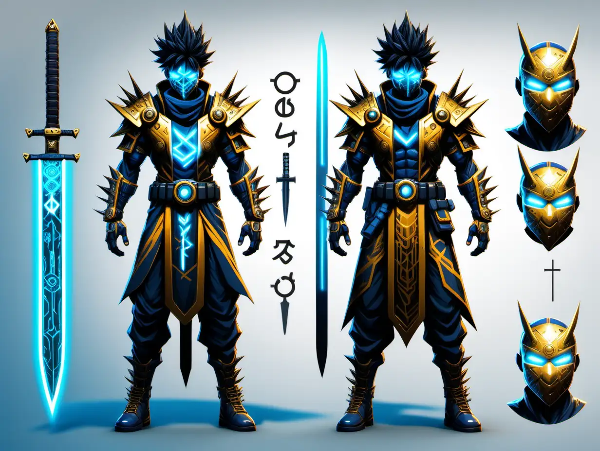 character design sheet, full body of a Magical Paladin Warrior with spikey hair like goku and a mechanical glowing ninja mask and intricate black white and gold cyberpunk runic clothing with blue glowing nordic runes,with a massive glowing straight sword in a style reminiscent of fortnite character skin, character concept --chaos 0