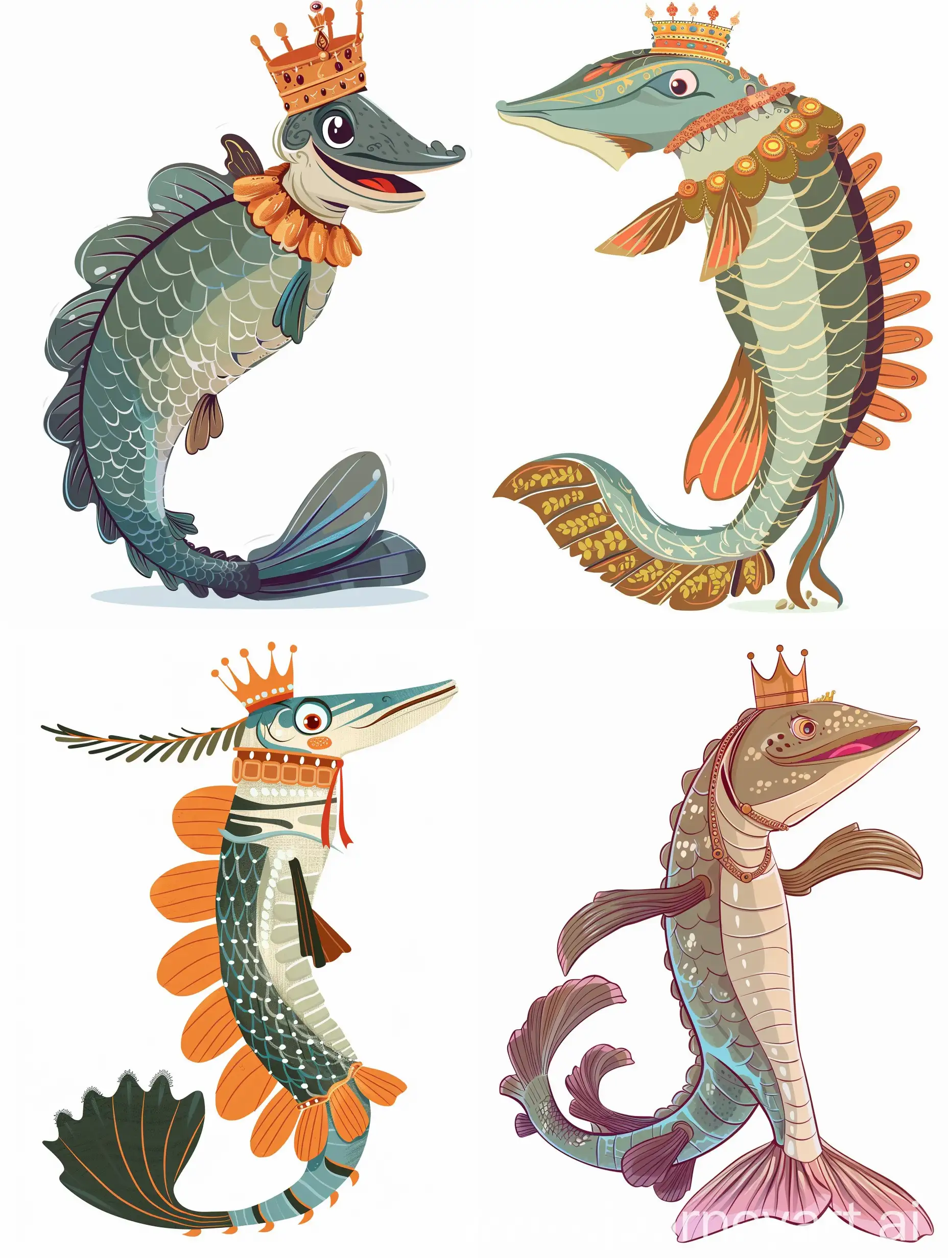 Sturgeon fish, with a crown on its head, standing on its tail, in rich royal clothes, cartoon style, on a white background, flat illustration, Disney style