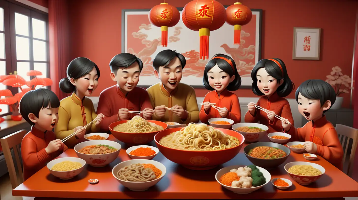 Joyful Family Chinese New Year Celebration with Noodles and Decorations
